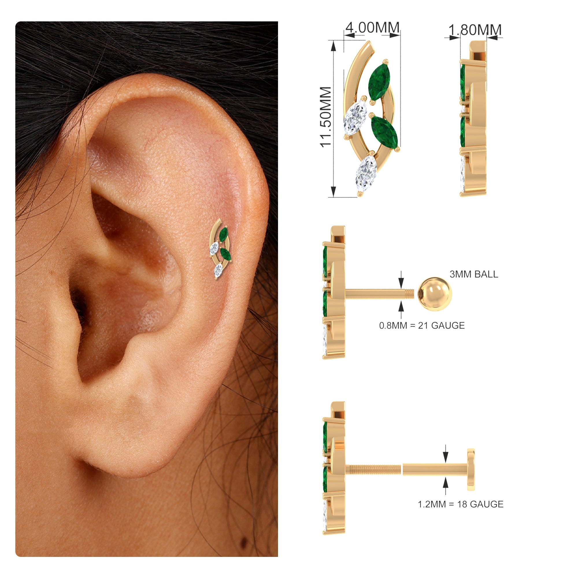 Rosec Jewels-Marquise Emerald and Moissanite Crawler Earring for Helix Piercing