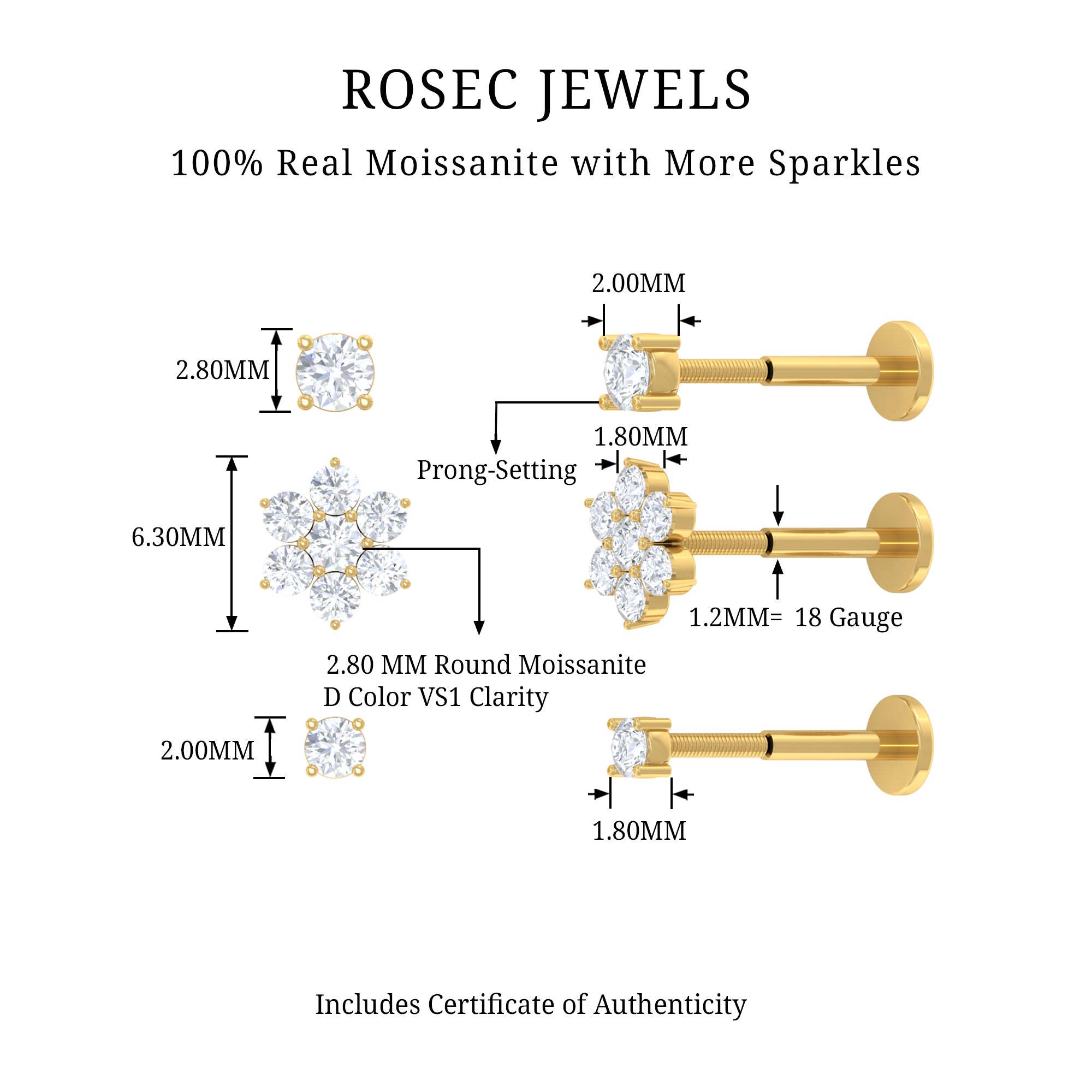 Rosec Jewels-Moissanite Flower Triple Earrings Set for Cartilage Piercing