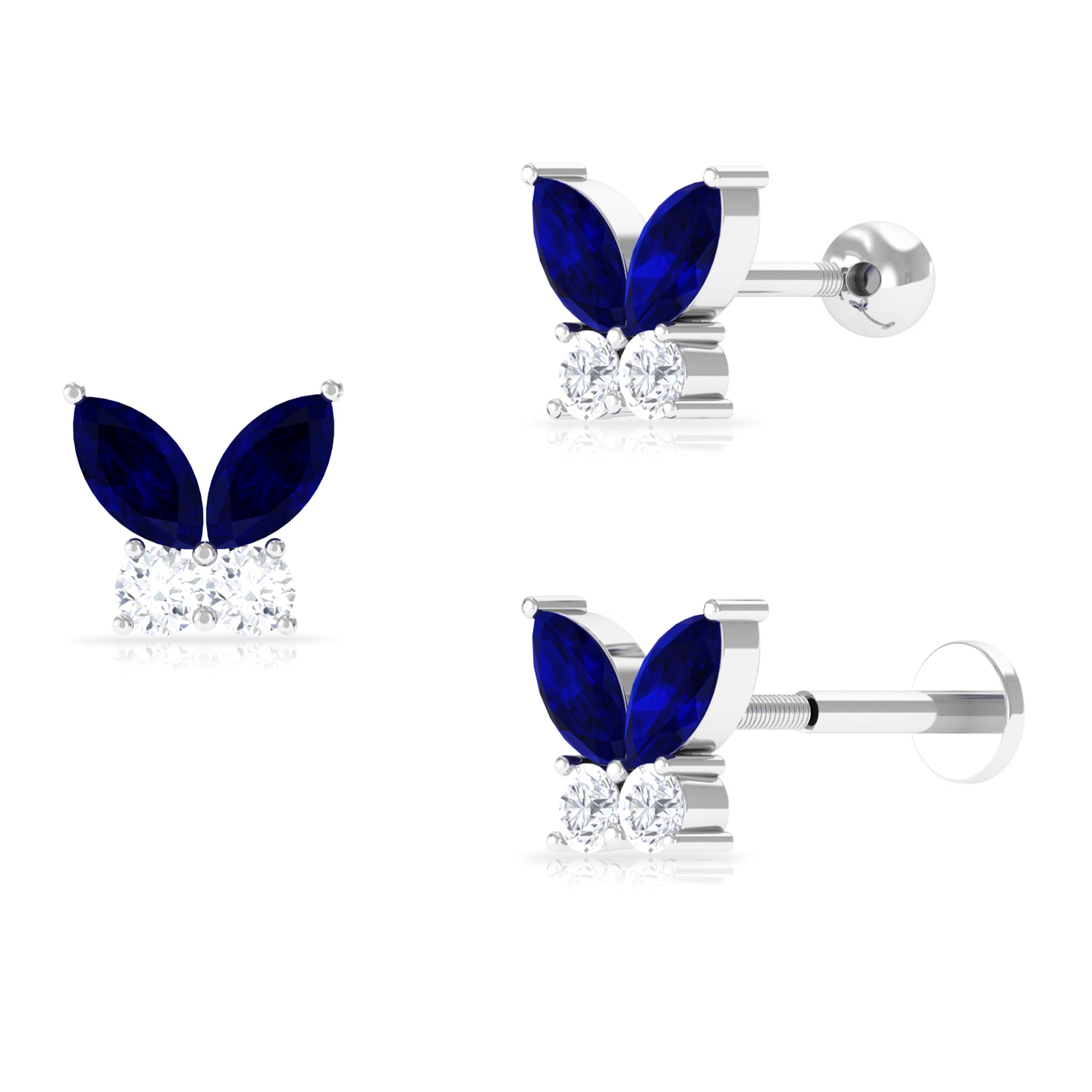 Rosec Jewels-Marquise Blue Sapphire Butterfly Helix Earring with Moissanite