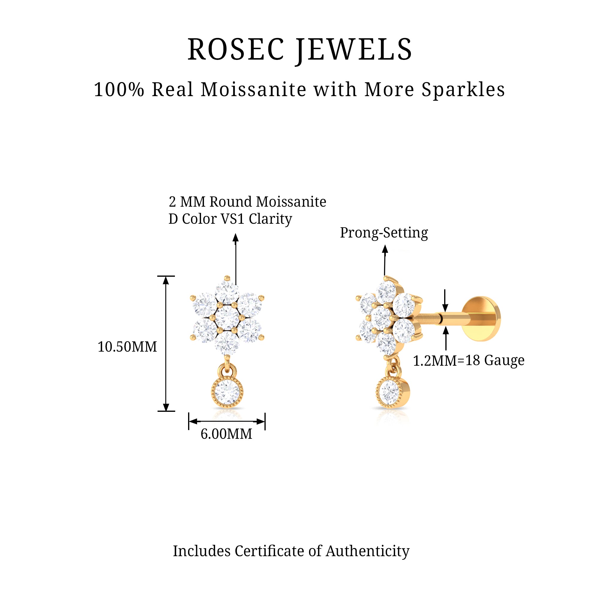 Rosec Jewels-Moissanite Floral Drop Earring for Cartilage Piercing