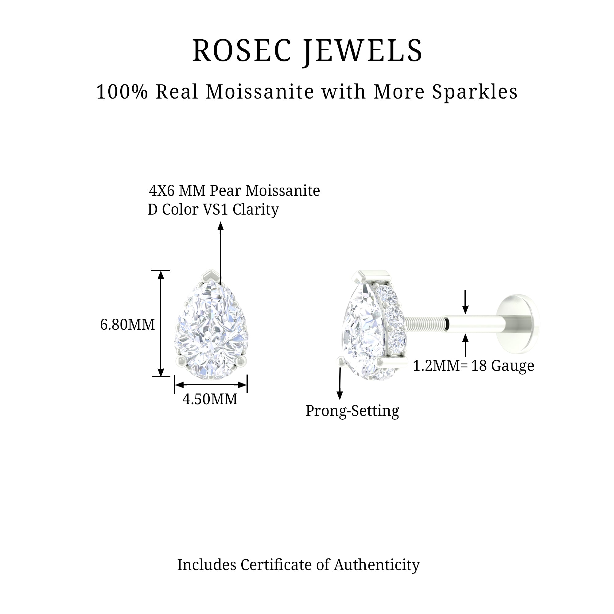 Rosec Jewels-Certified Moissanite Teardrop Helix Earring in Gold