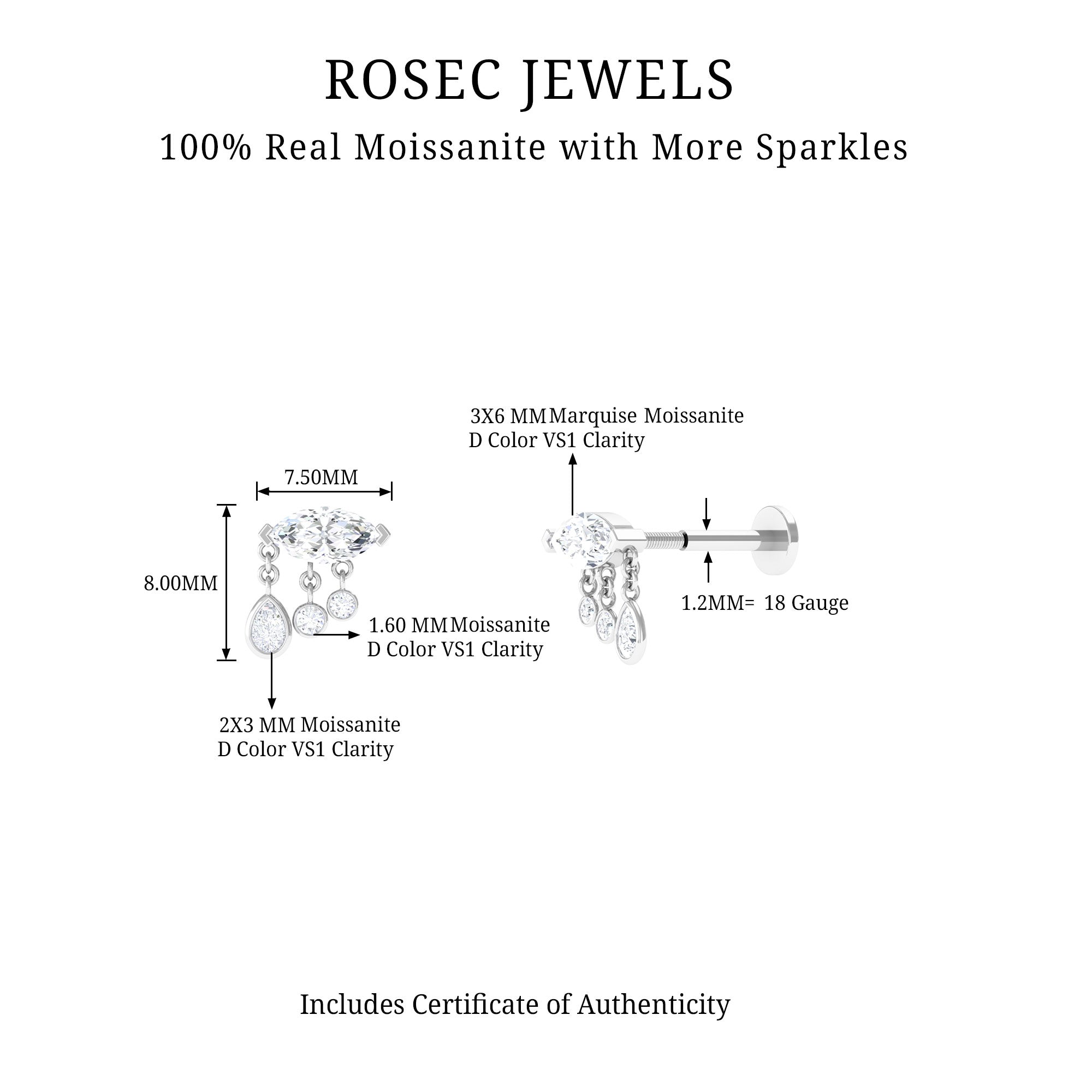 Rosec Jewels-Marquise Cut Moissanite Cartilage Dangle Earring in Gold