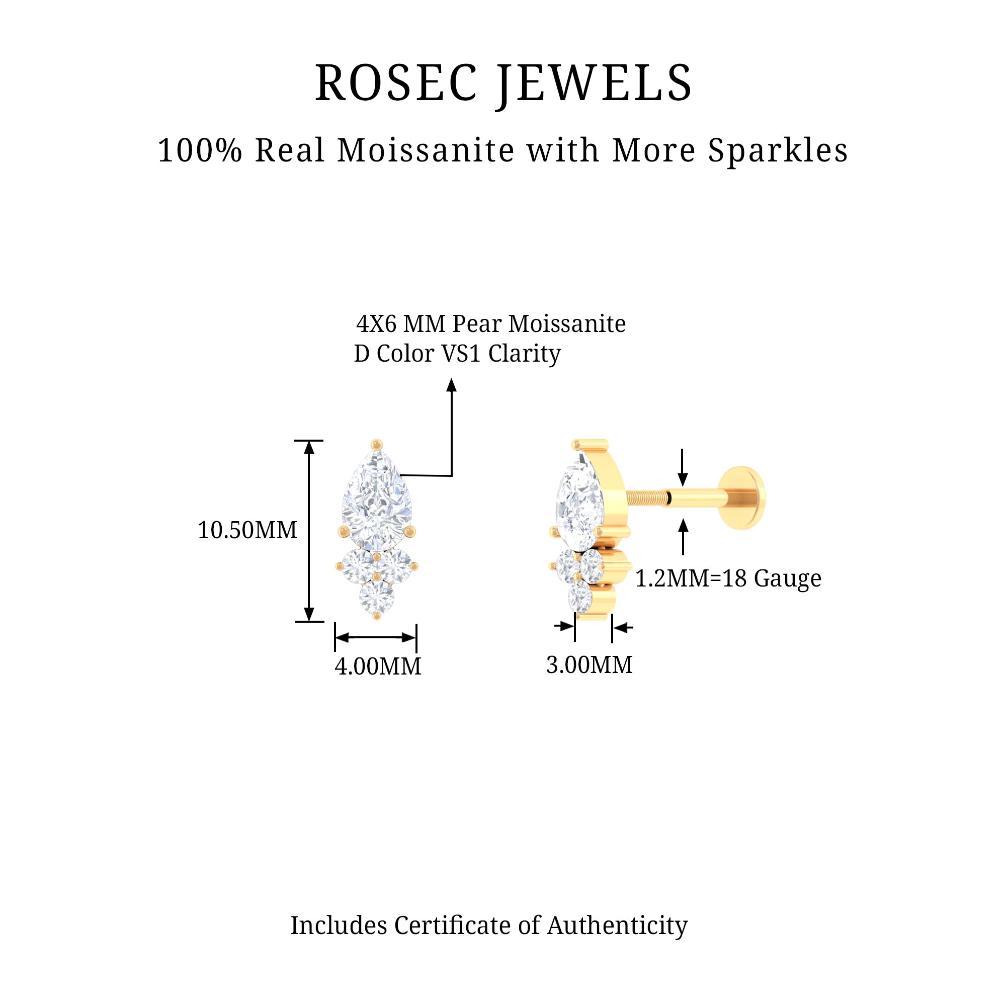 Rosec Jewels-Pear and Round Moissanite Cluster Cartilage Earring