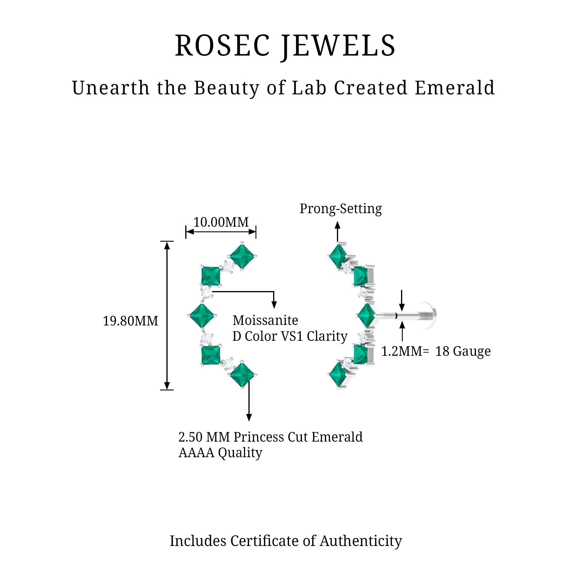 Created Emerald and Moissanite Curved Crawler Earring Lab Created Emerald - ( AAAA ) - Quality - Rosec Jewels