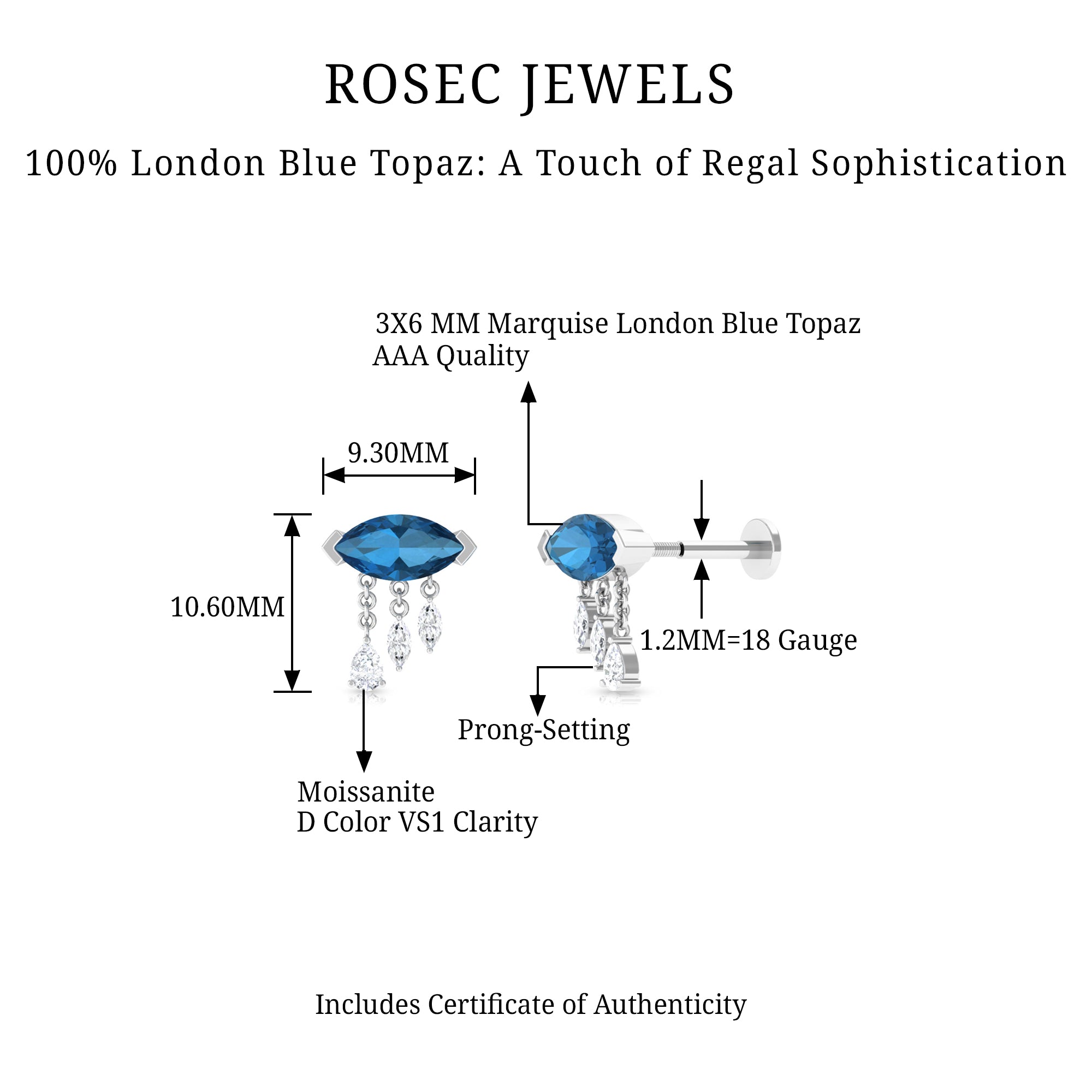 Rosec Jewels-London Blue Topaz Cartilage Earring with Dangling Moissanite