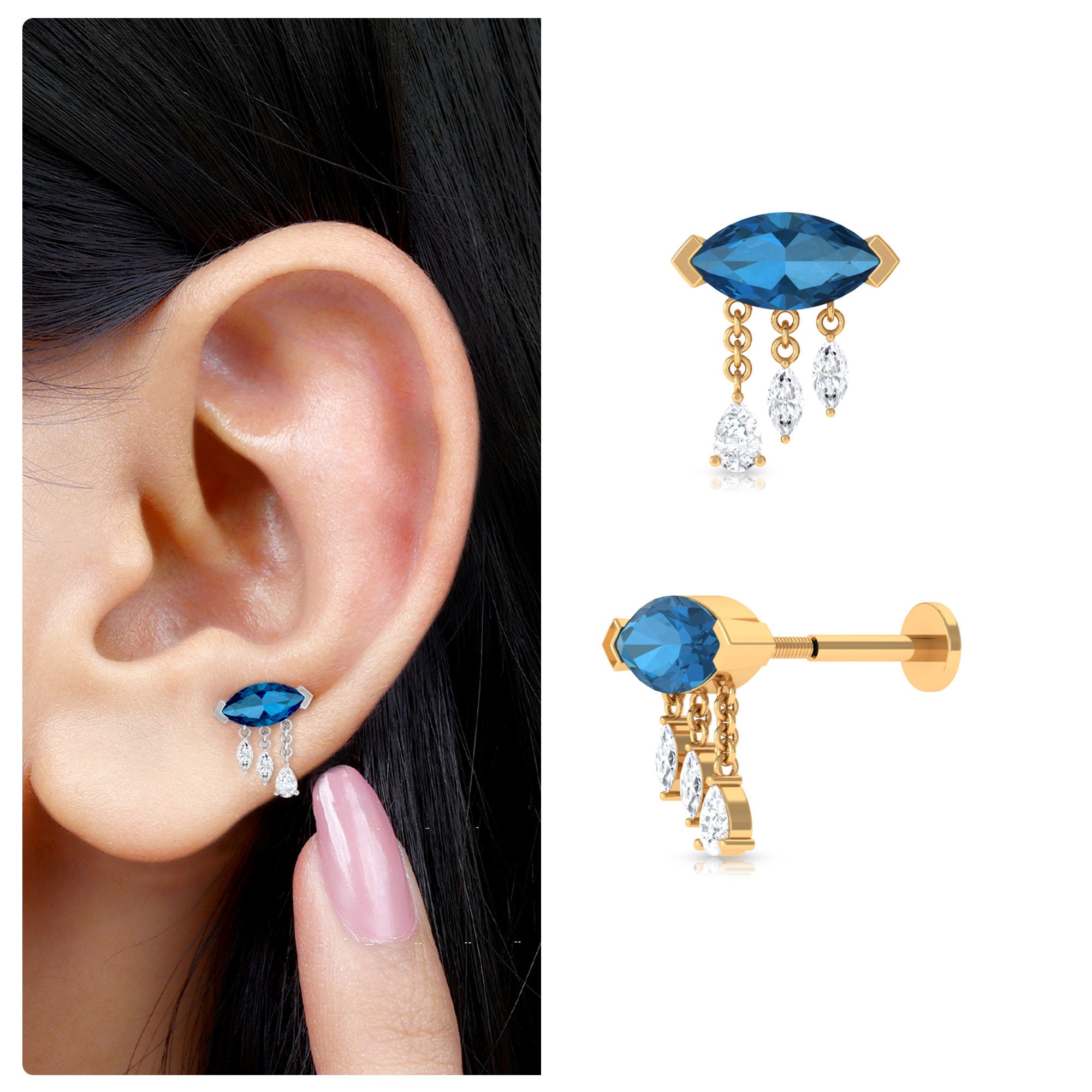 Rosec Jewels-London Blue Topaz Cartilage Earring with Dangling Moissanite