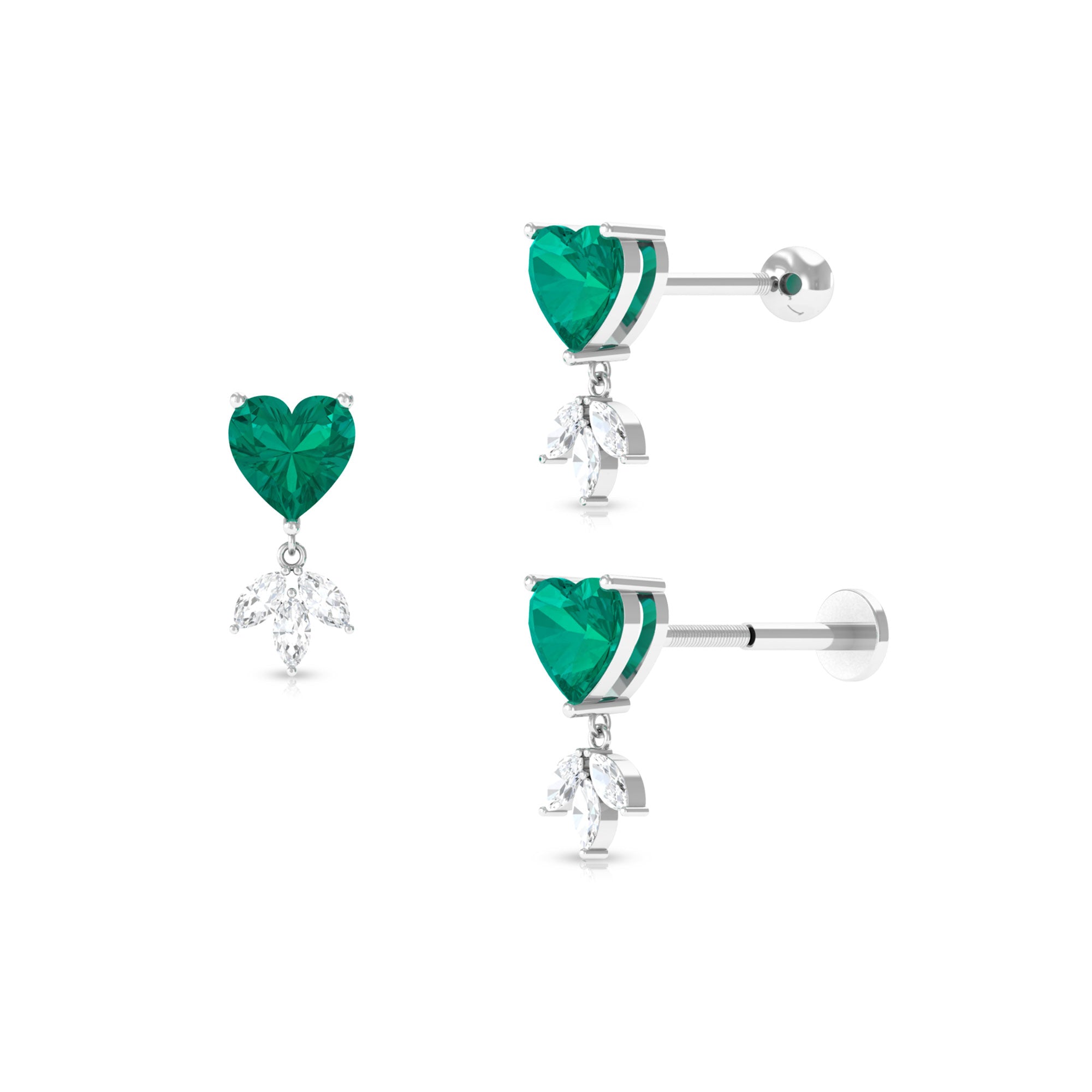 Rosec Jewels-Heart Created Emerald and Moissanite Helix Drop Earring