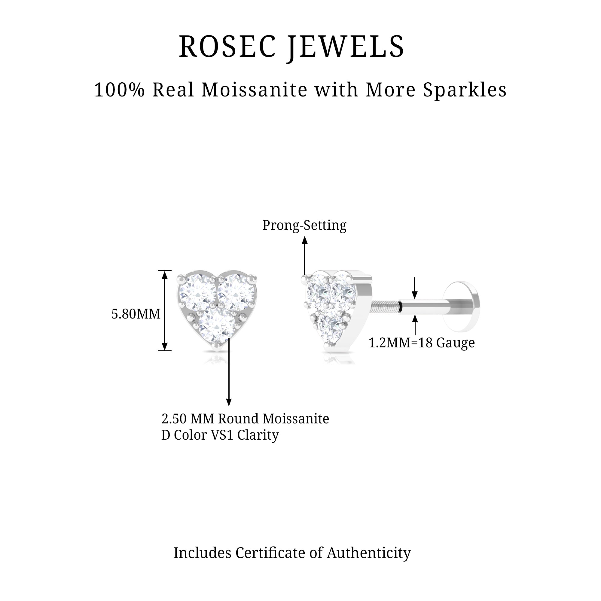 Rosec Jewels-Round Moissanite Heart Earring for Helix Piercing