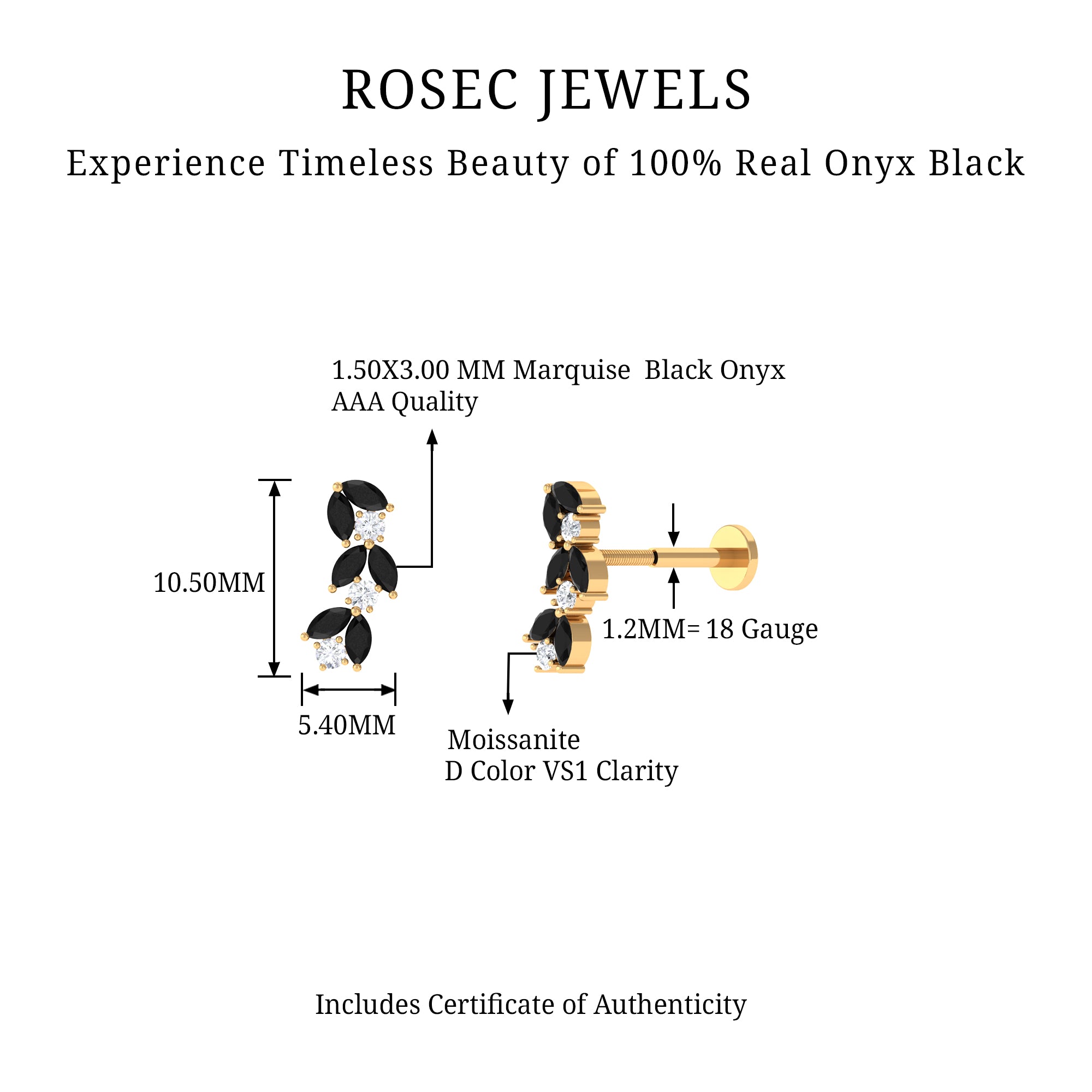 Rosec Jewels-Marquise Black Onyx and Moissanite Leaf Ear Crawler Earring