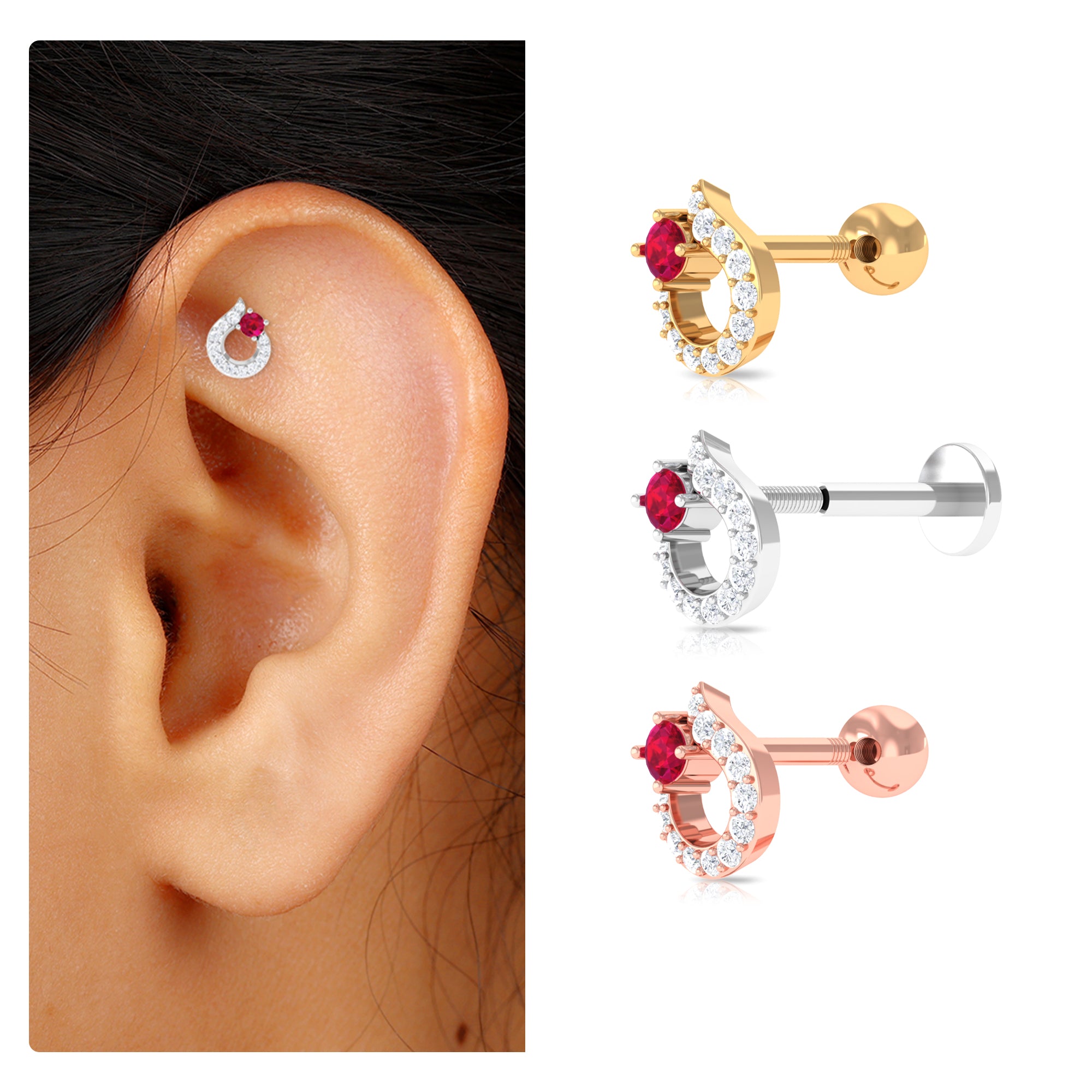 Rosec Jewels-Round Ruby and Moissanite Unique Helix Earring