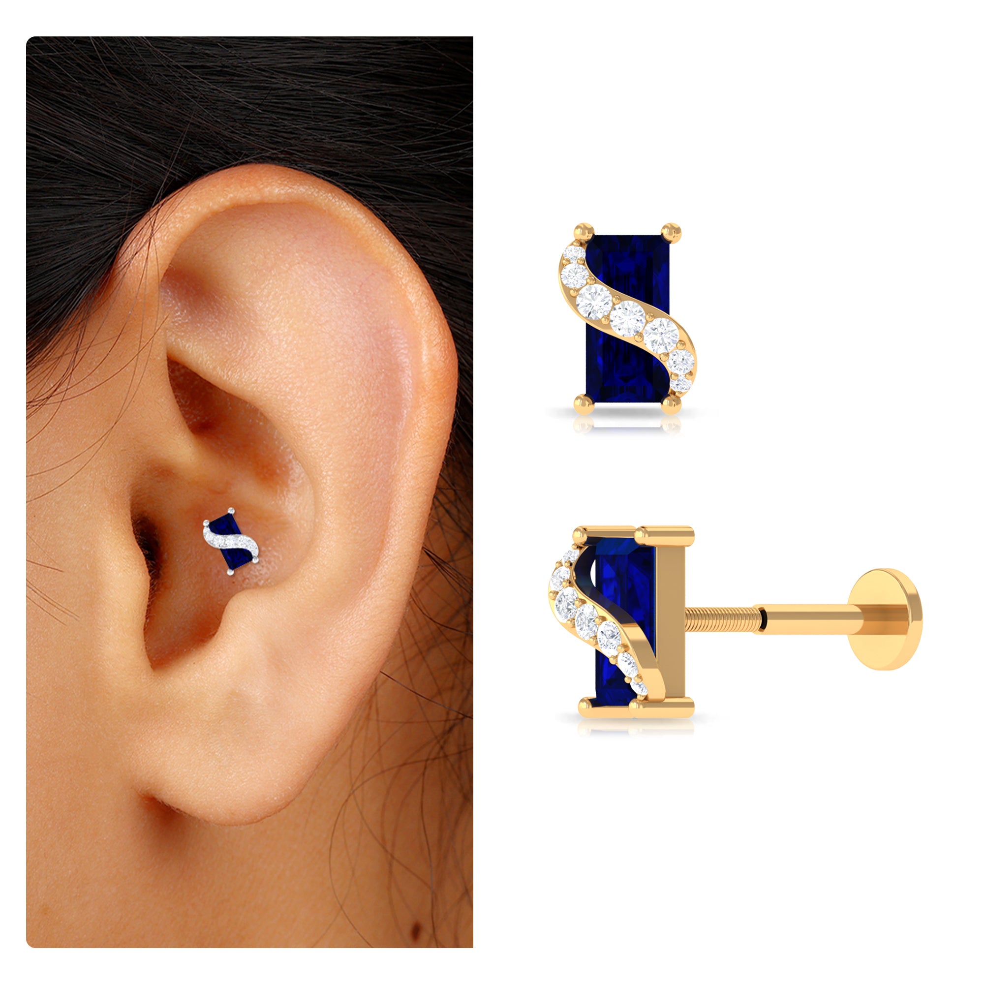 Rosec Jewels-Baguette Cut Blue Sapphire Helix Earring with Moissanite