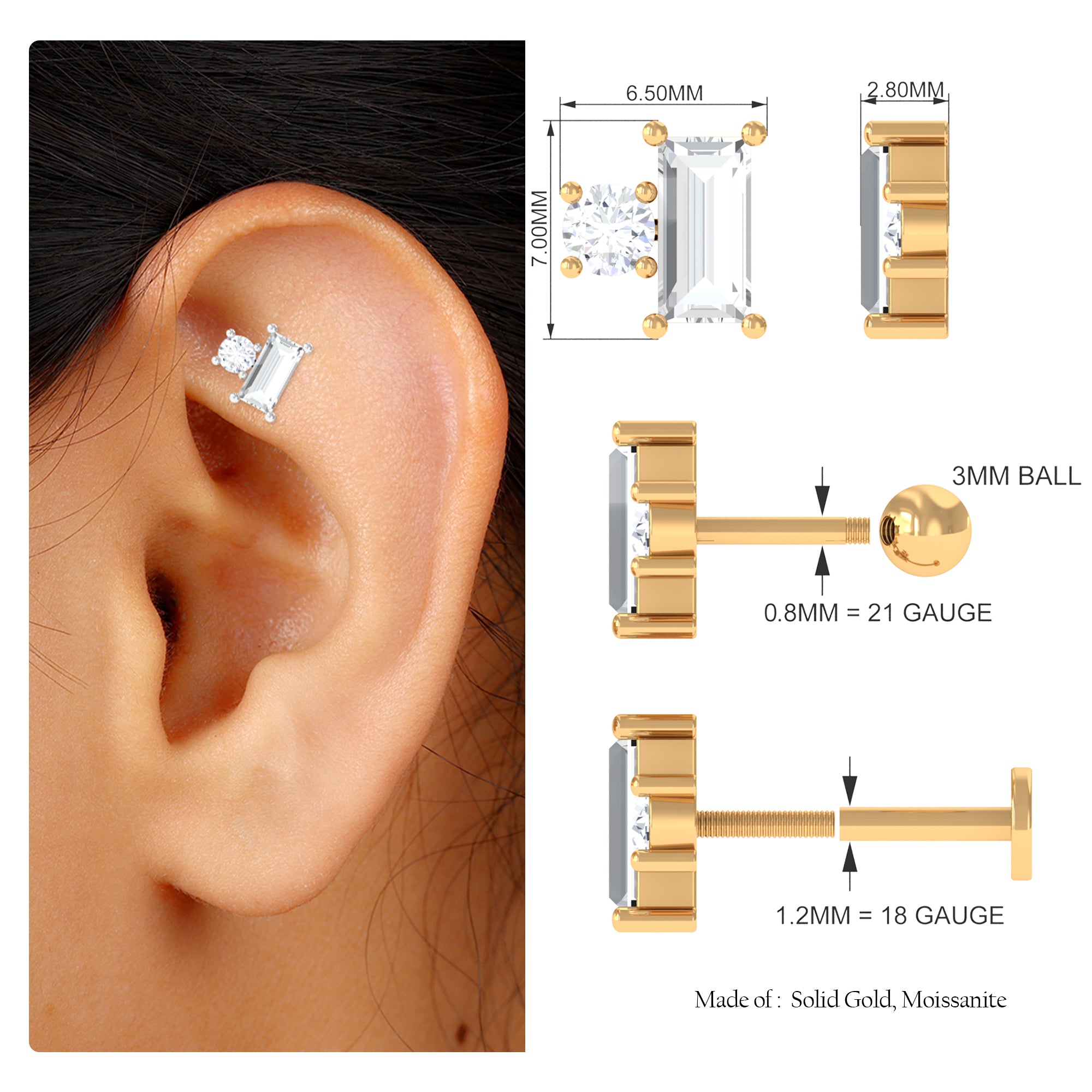 Rosec Jewels-Baguette and Round Moissanite Two Stone Helix Earring