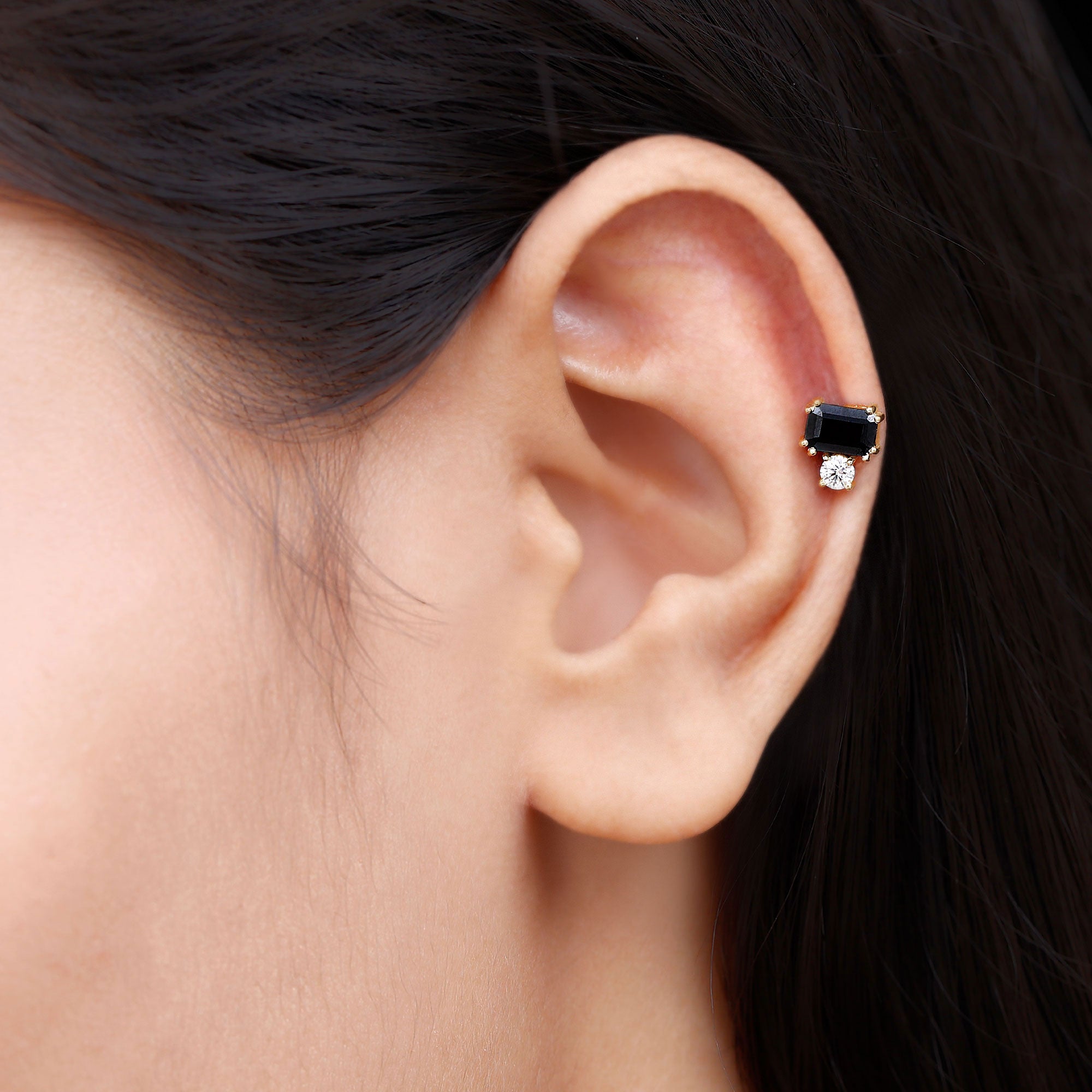 Rosec Jewels-Created Black Diamond and Moissanite Two Stone Helix Earring