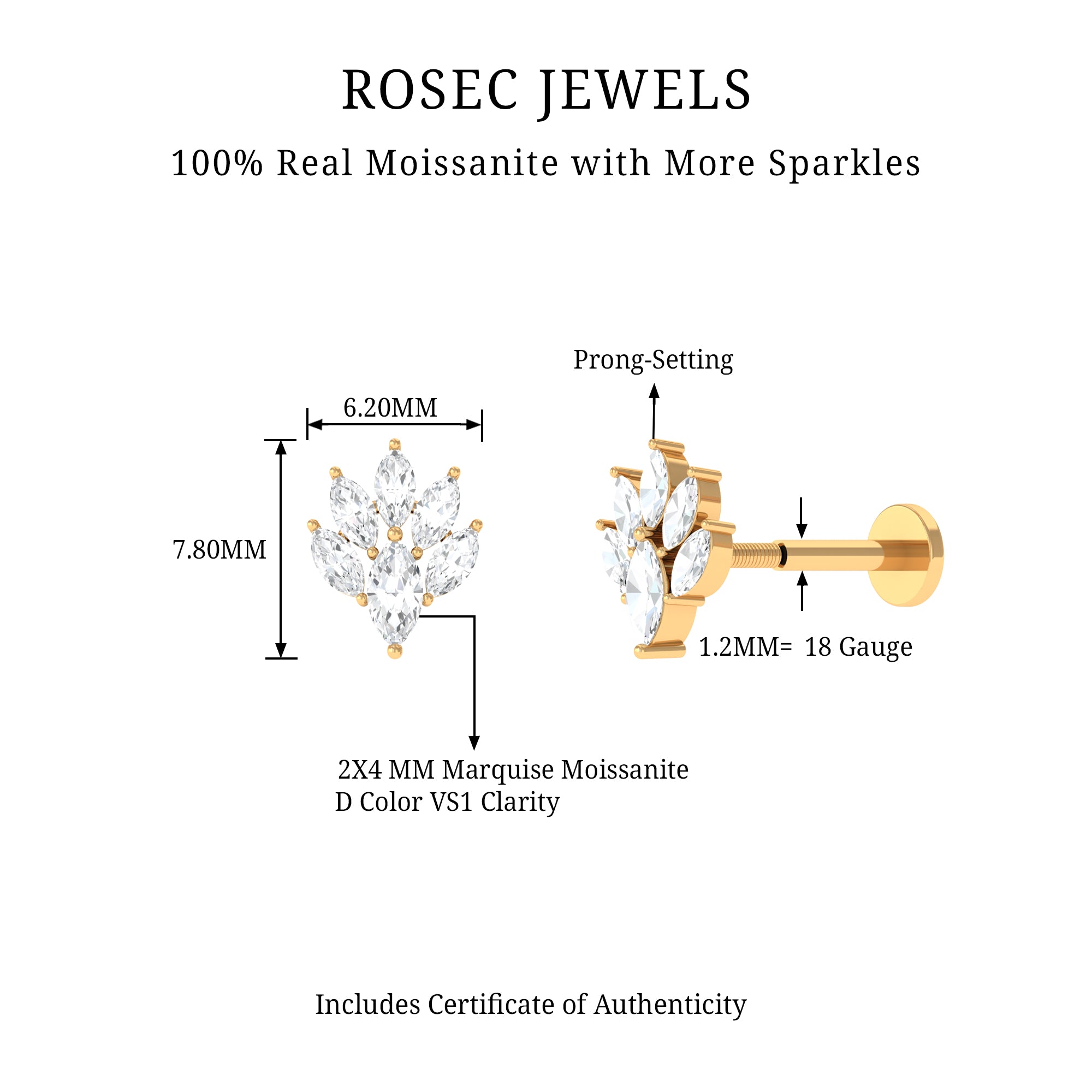 Rosec Jewels-Marquise Moissanite Cluster Leaf Earring for Cartilage Piercing