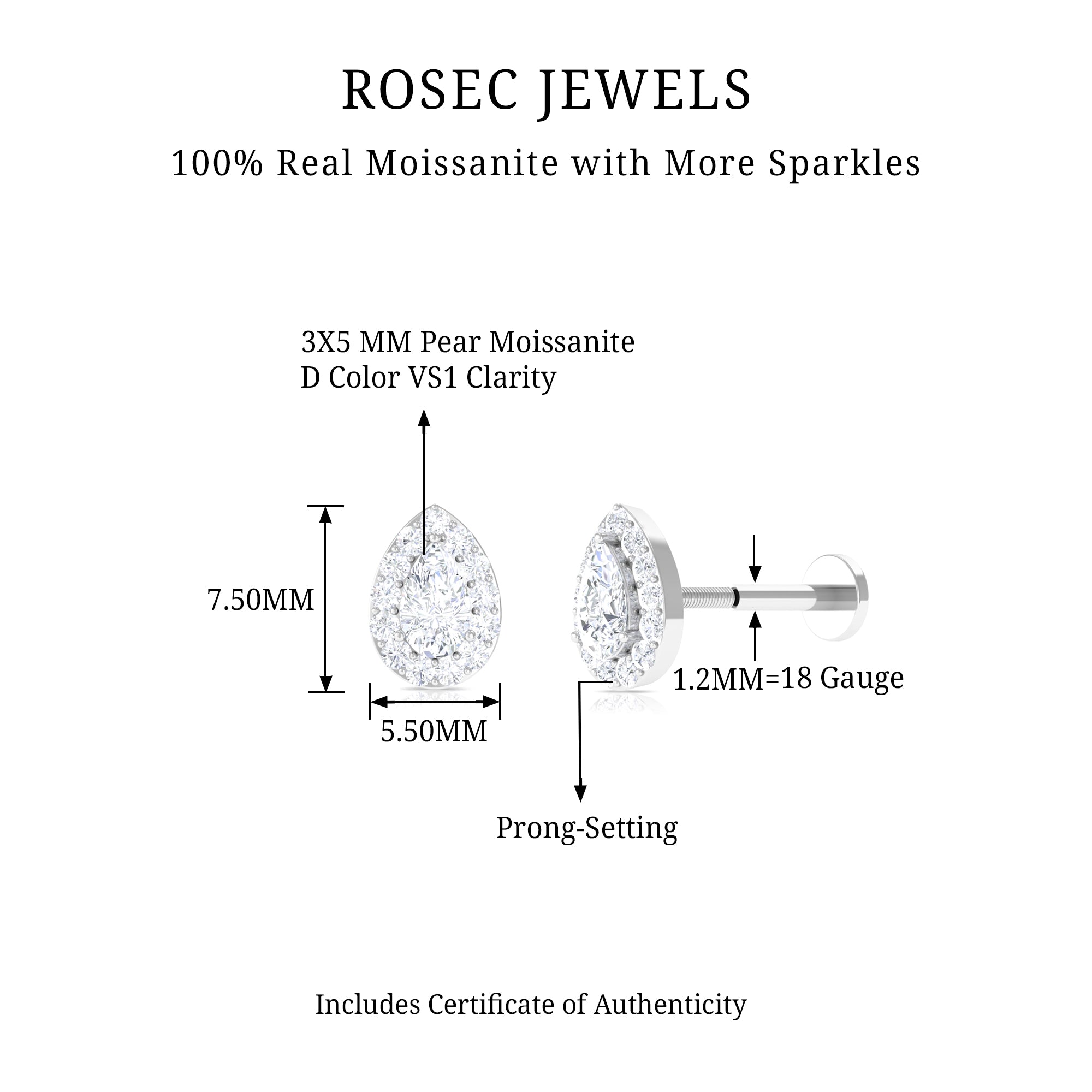 Rosec Jewels-Pear Shaped Moissanite Halo Earring for Cartilage Piercing