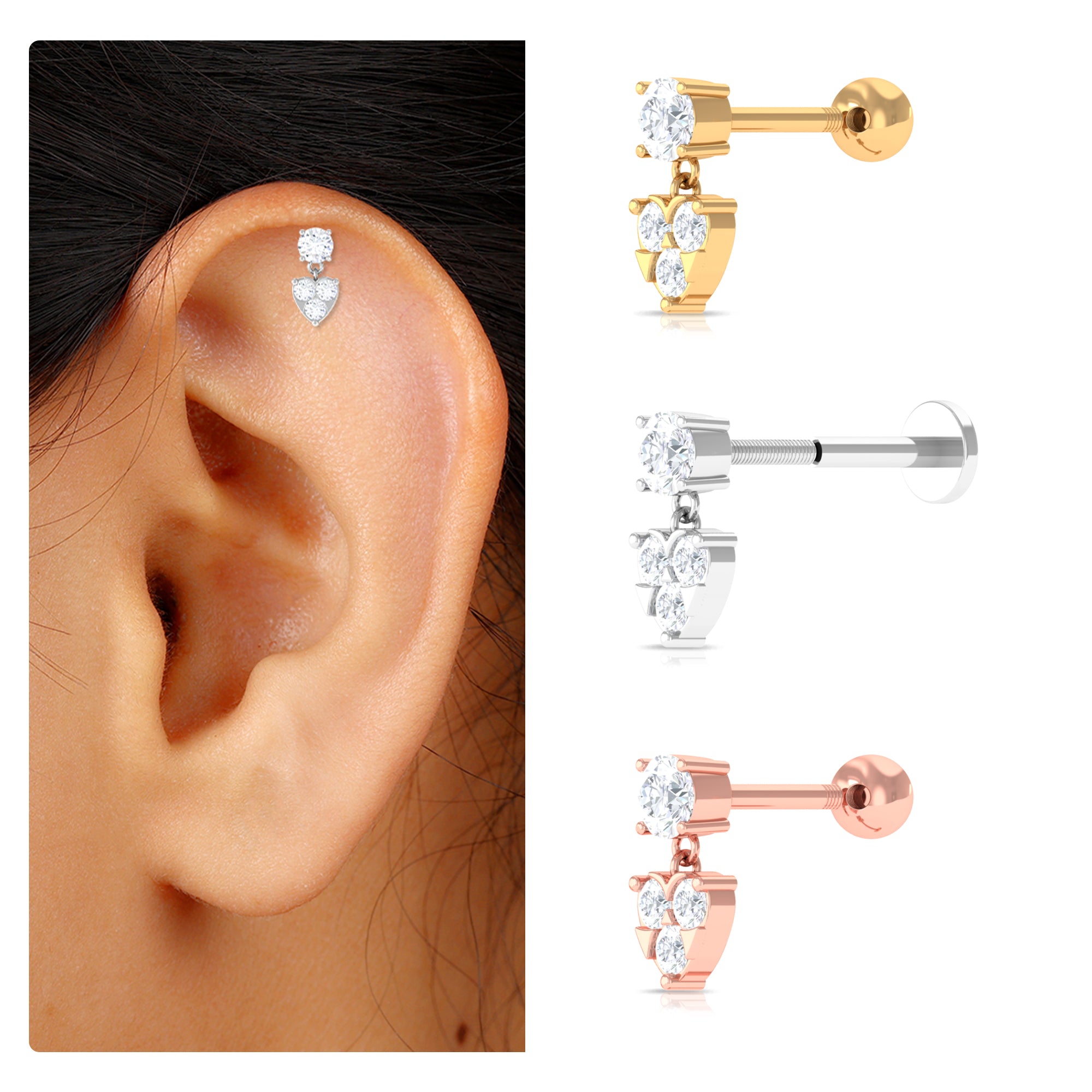 Rosec Jewels-Certified Moissanite Heart Drop Earring for Helix Piercing