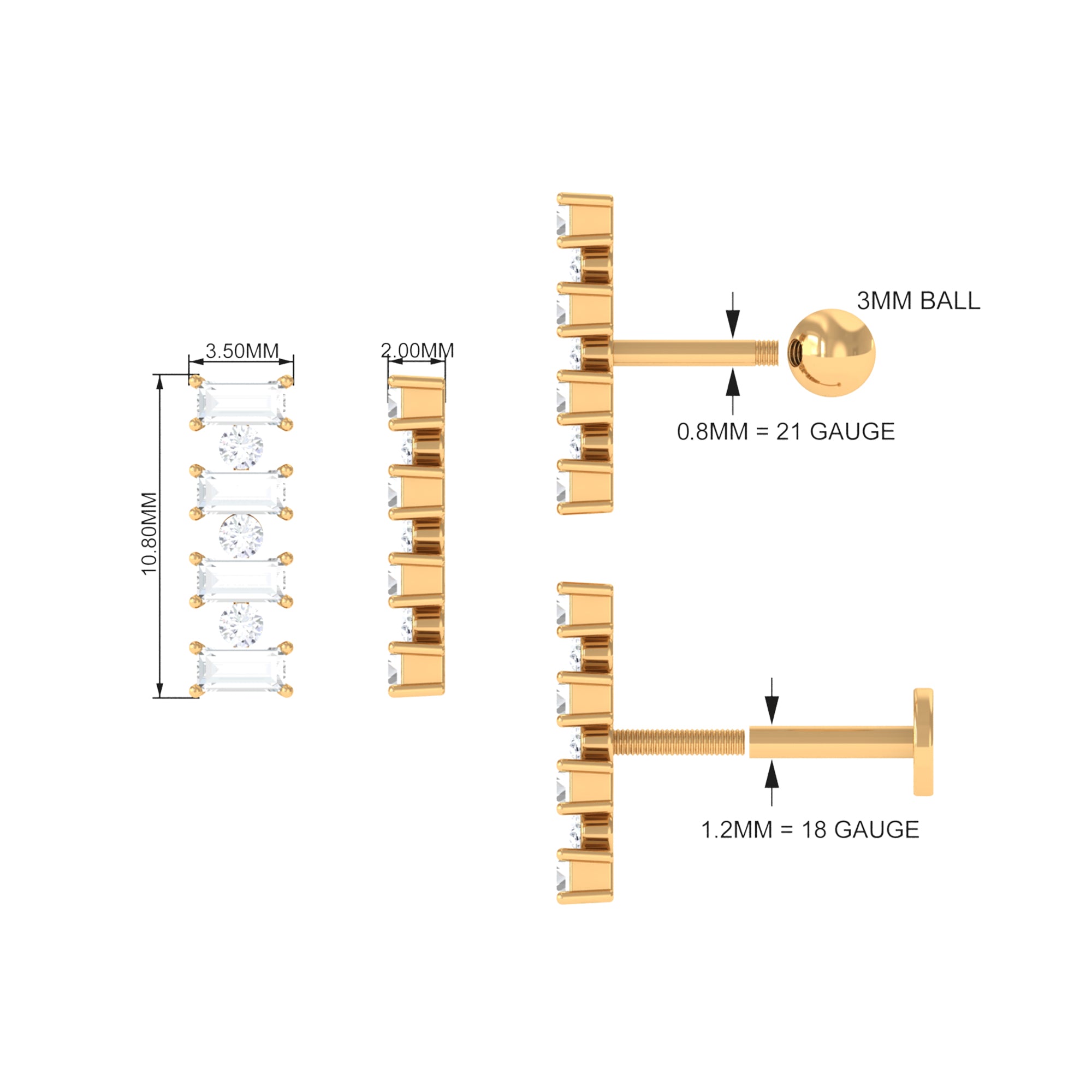 Rosec Jewels-Baguette Moissanite Gold Bar Cartilage Earring