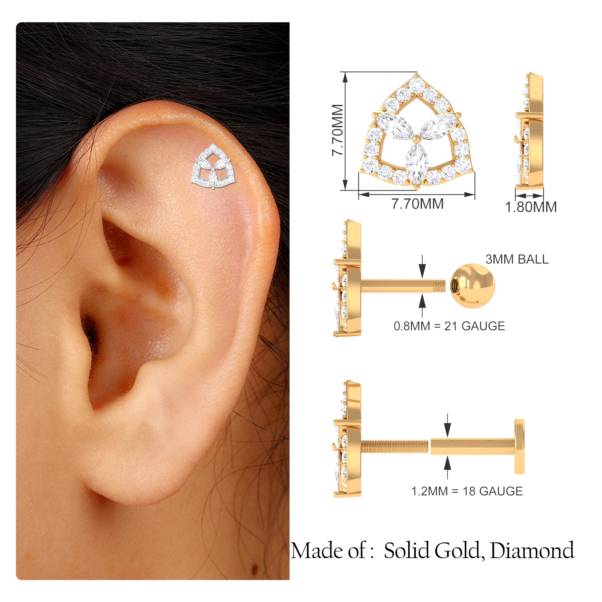 Rosec Jewels-Marquise Moissanite Art Deco Earring for Upper Lobe Piercing