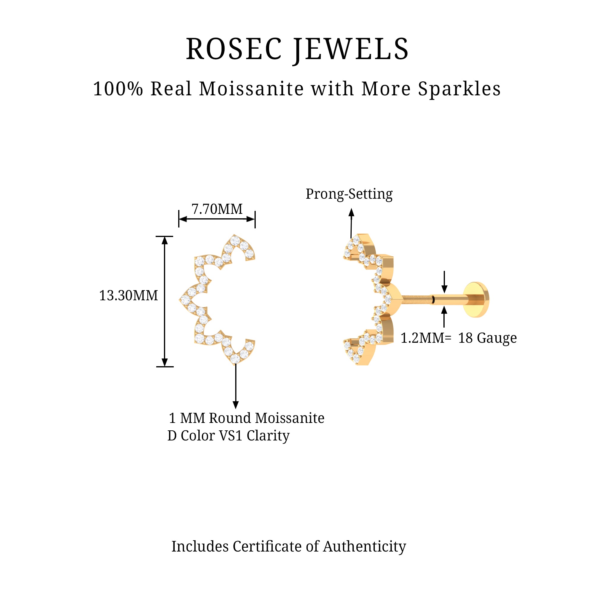 Moissanite Curved Flower Cartilage Earring Moissanite - ( D-VS1 ) - Color and Clarity - Rosec Jewels