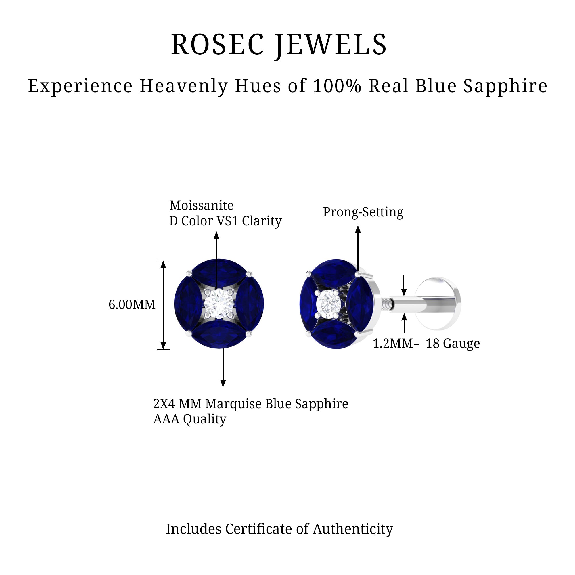 Rosec Jewels-Marquise Blue Sapphire Cartilage Earring with Moissanite