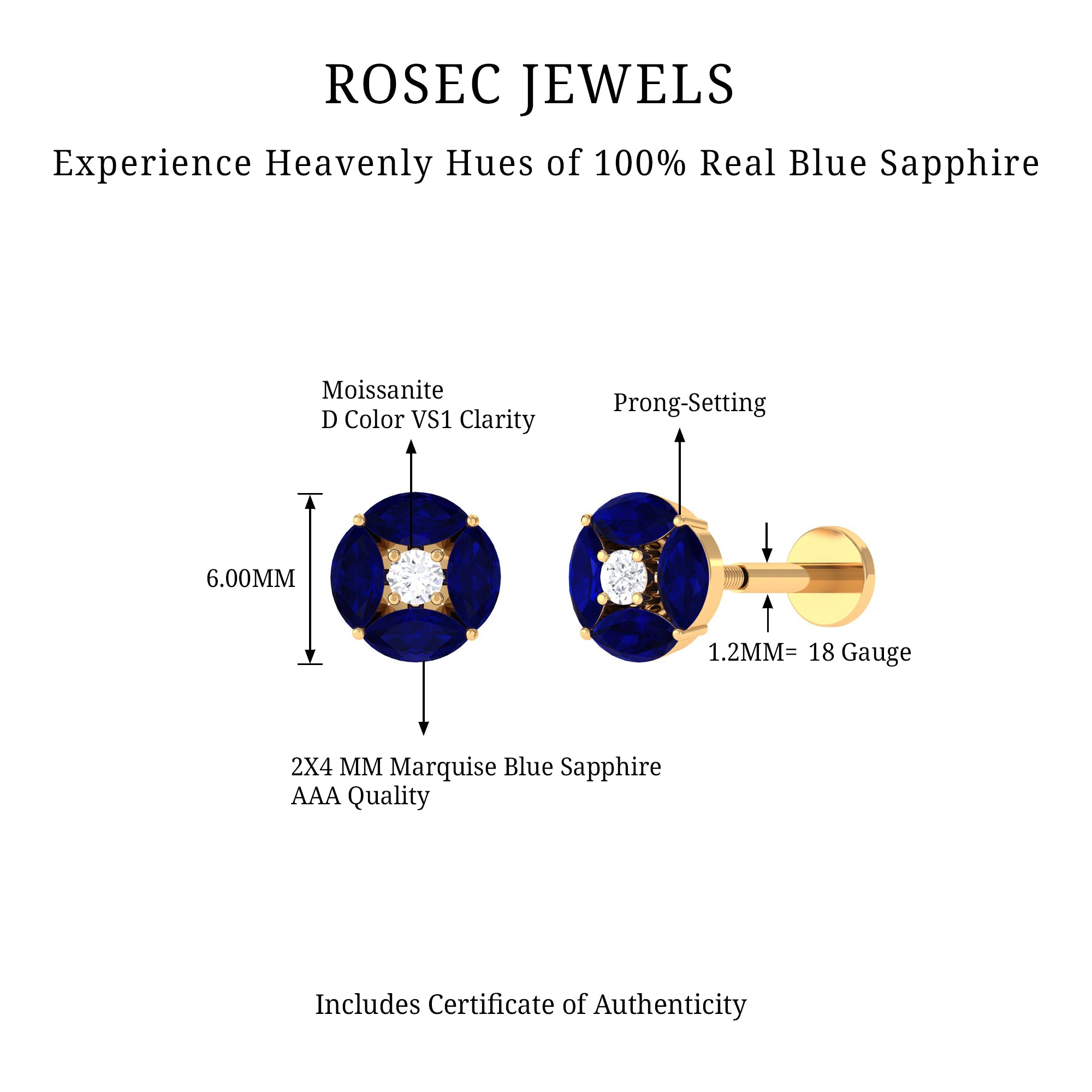 Rosec Jewels-Marquise Blue Sapphire Cartilage Earring with Moissanite