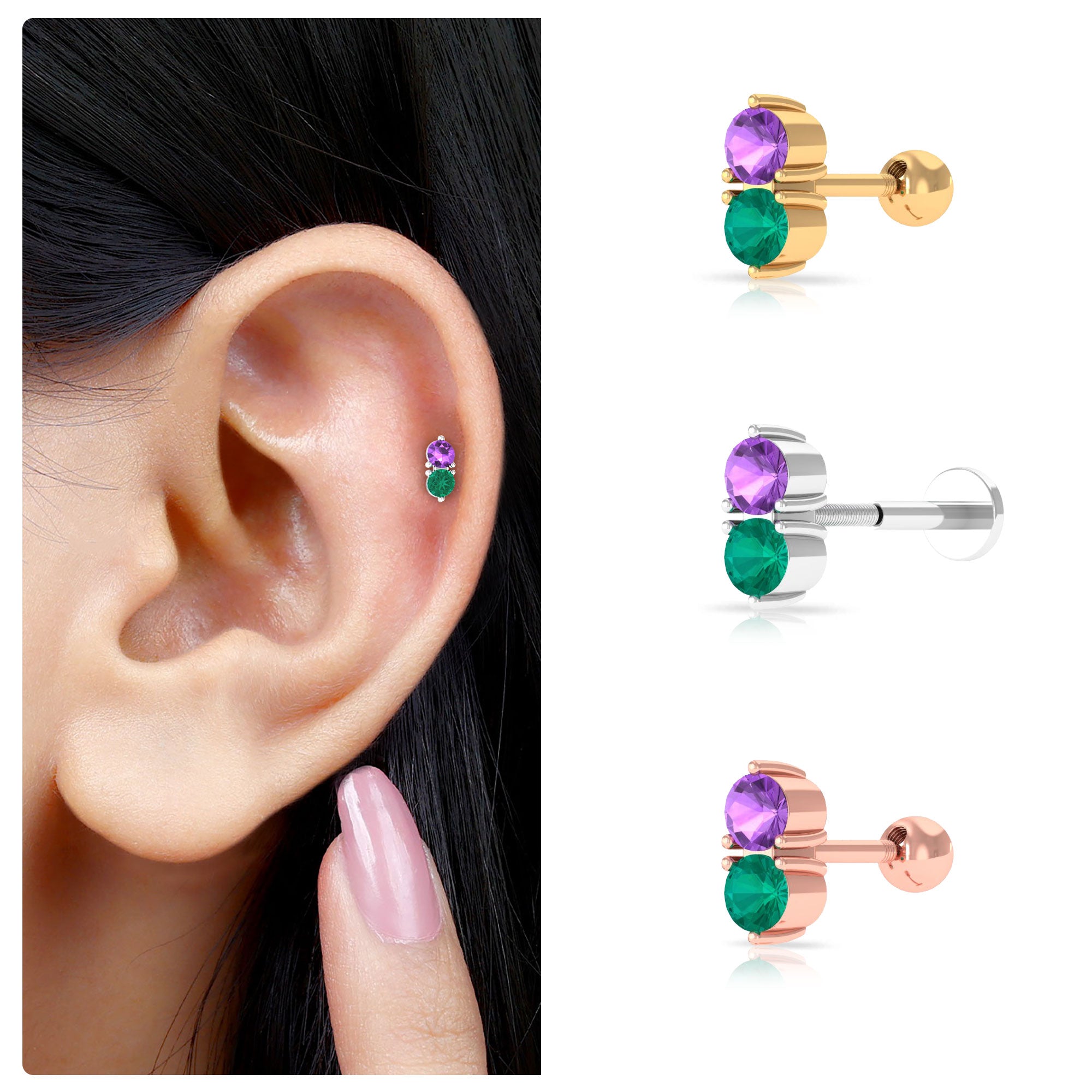 Rosec Jewels-Amethyst and Emerald Two Stone Helix Earring