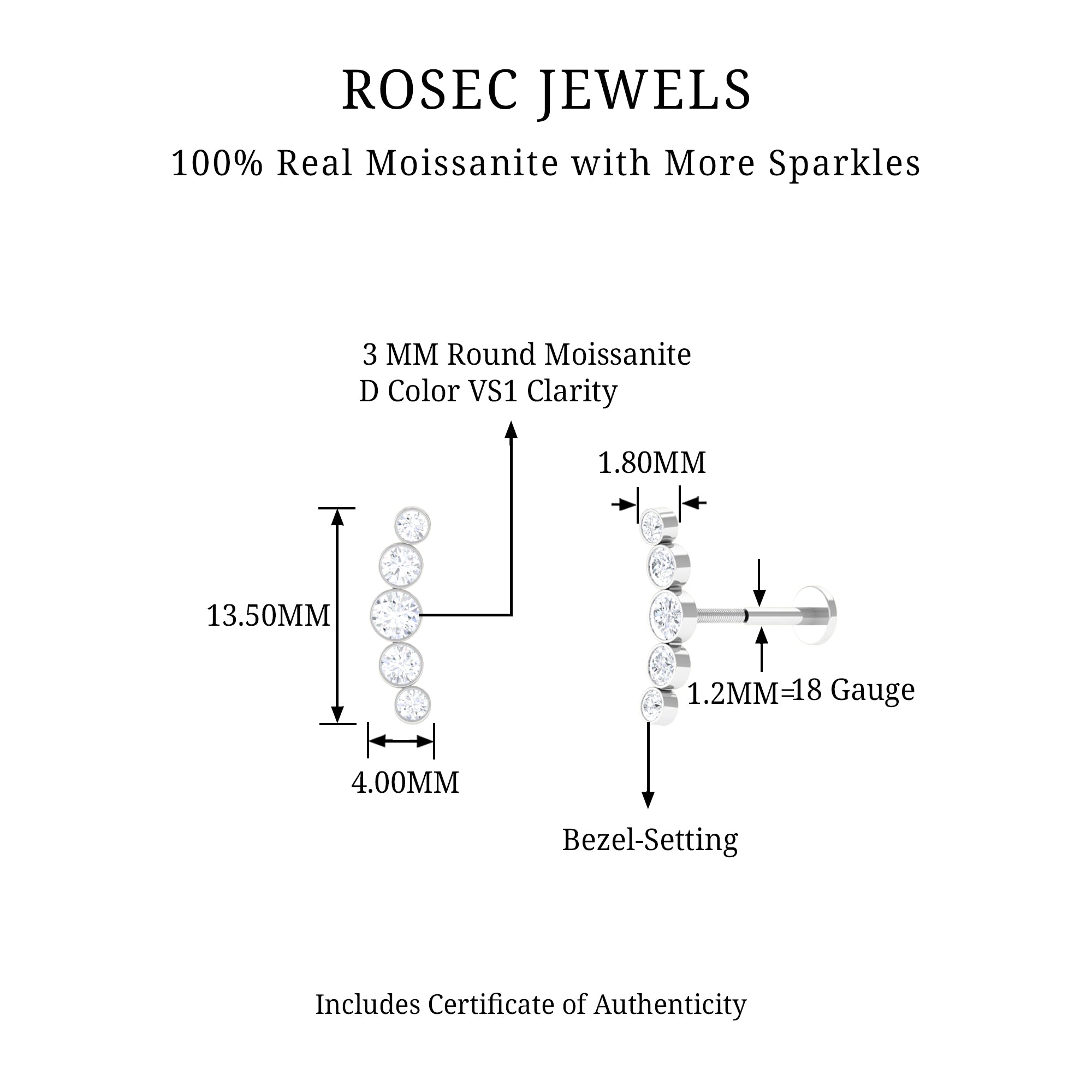 Rosec Jewels-Bezel Set Round Moissanite Curved Crawler Earring