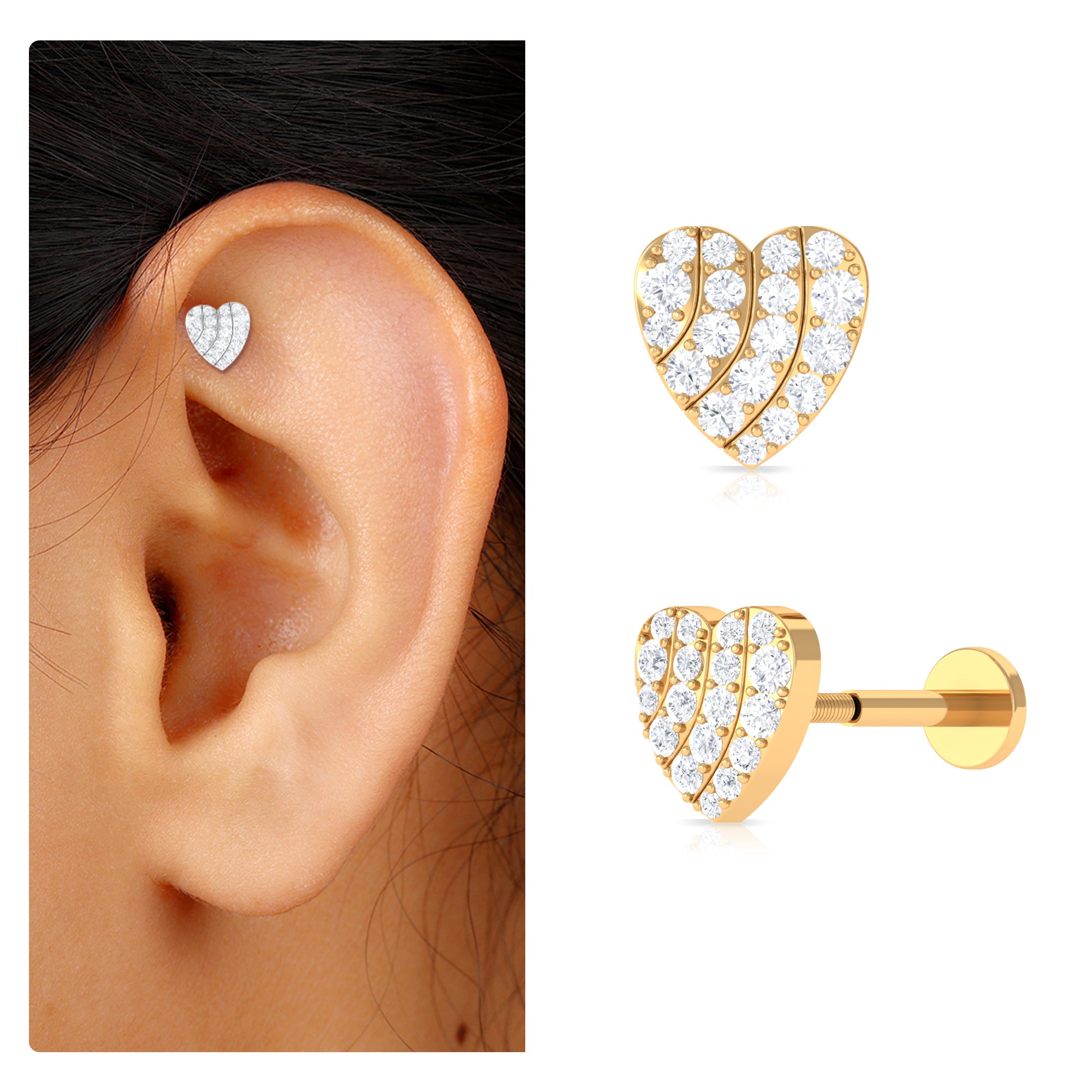 Rosec Jewels-Moissanite Gold Heart Earring for Cartilage Piercing