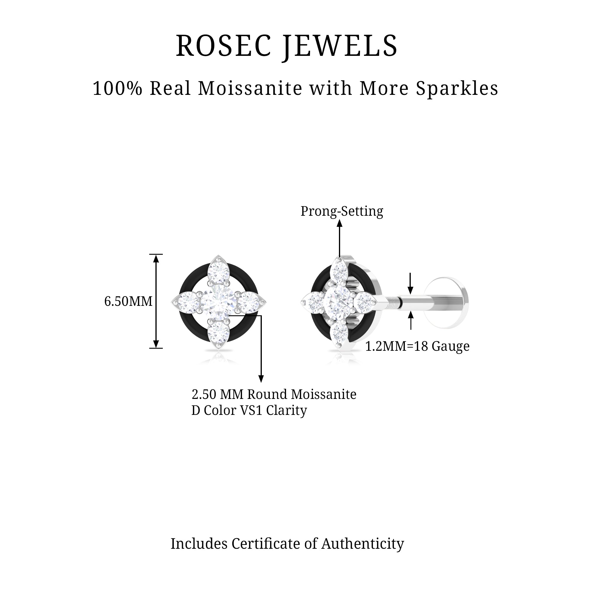 Rosec Jewels-Round Moissanite Cartilage Earring with Black Enamel