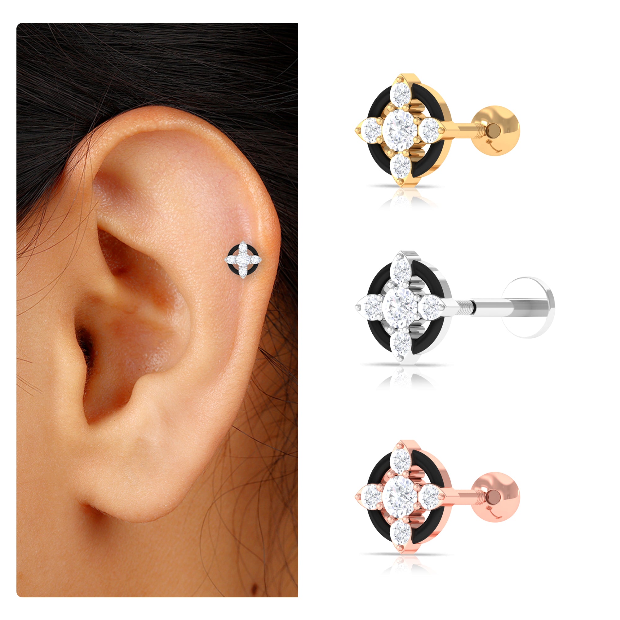 Rosec Jewels-Round Moissanite Cartilage Earring with Black Enamel