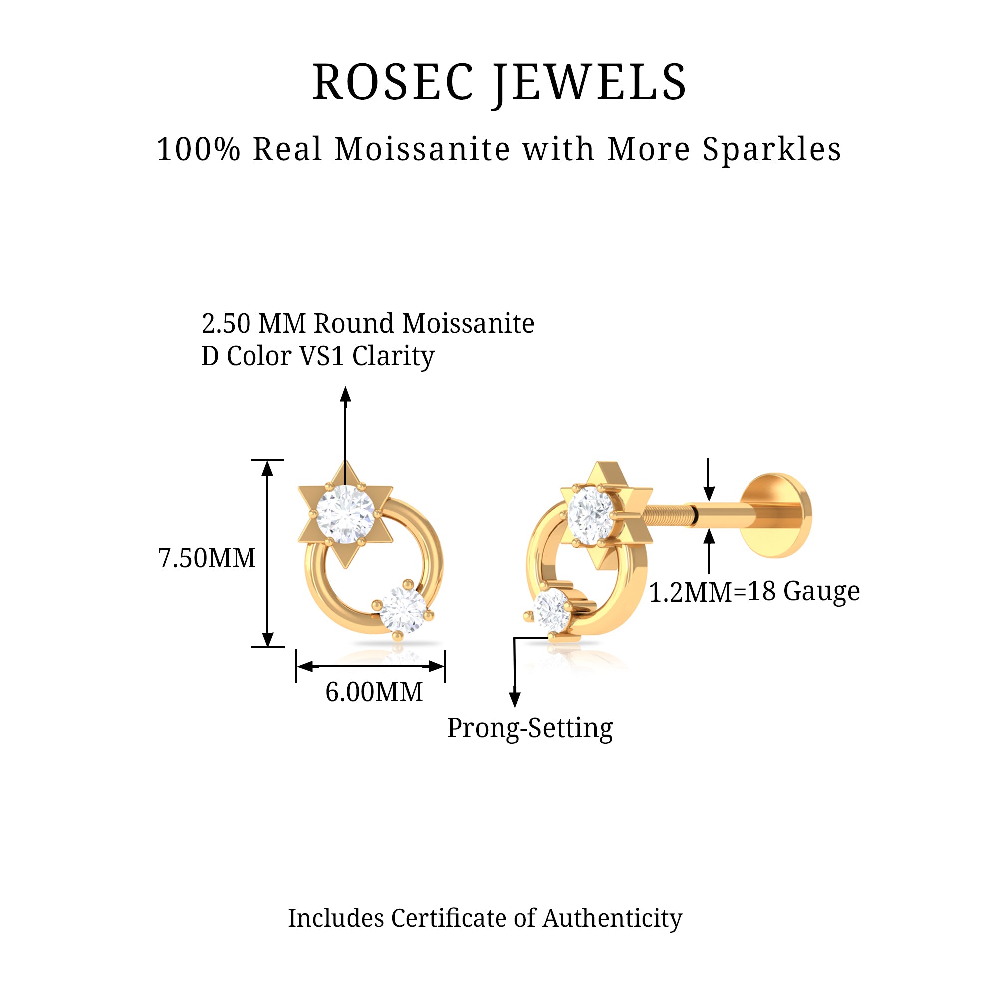 Rosec Jewels-Moissanite Star Celestial Earring for Helix Piercing