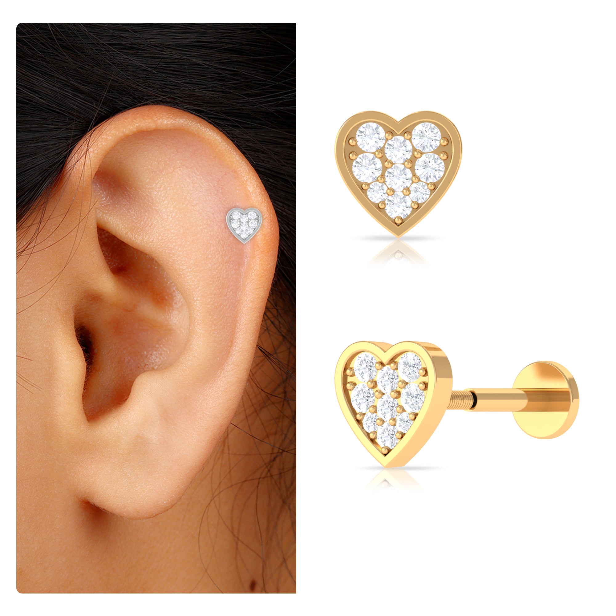 Rosec Jewels-Real Moissanite Heart Earring for Upper Lobe Piercing