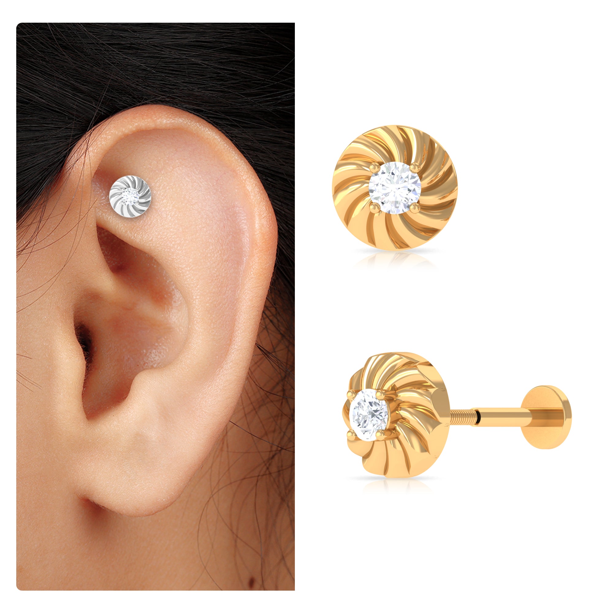 Rosec Jewels-Round Moissanite Gold Swirl Earring for Helix Piercing