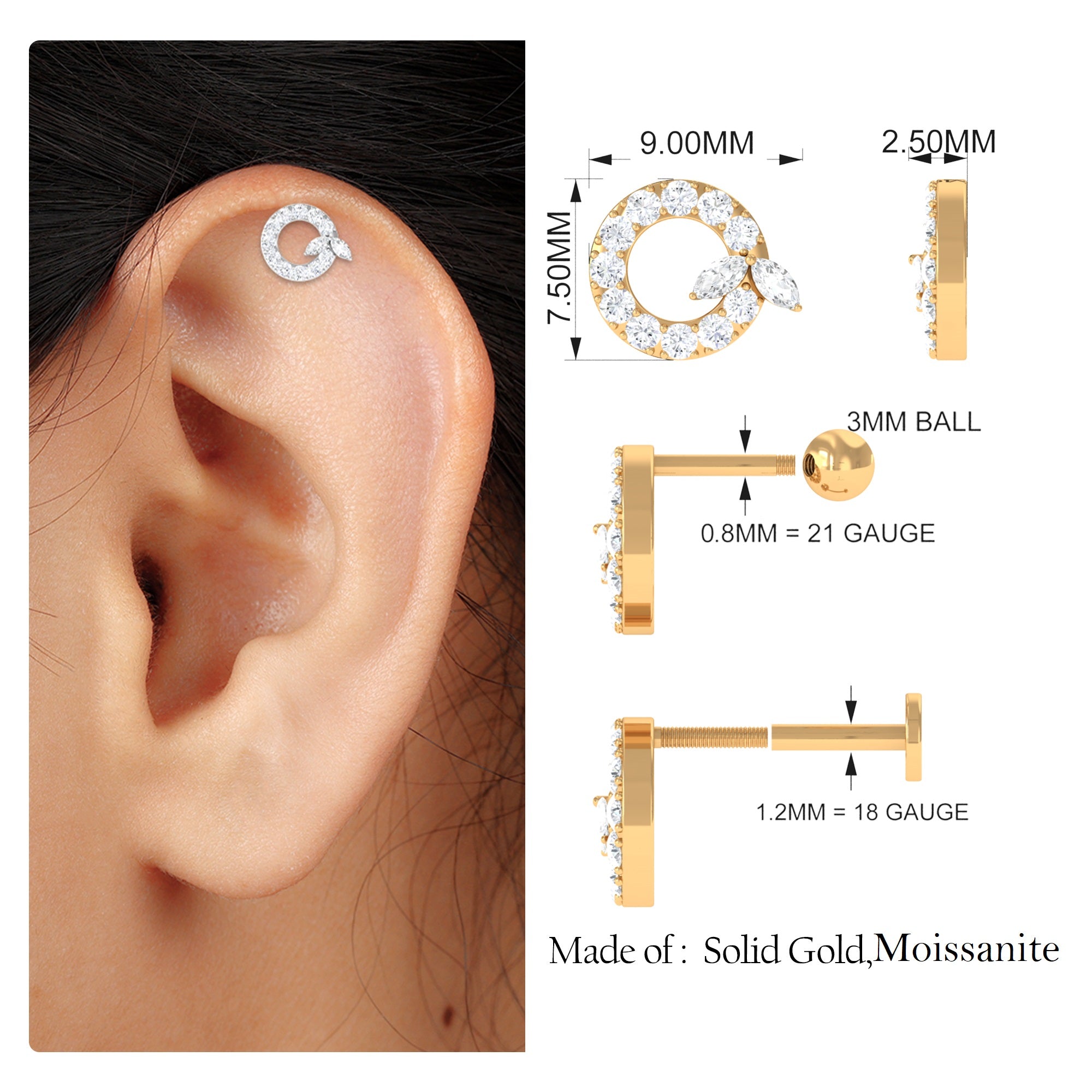 Rosec Jewels-Certified Moissanite Open Circle Earring for Helix Piercing