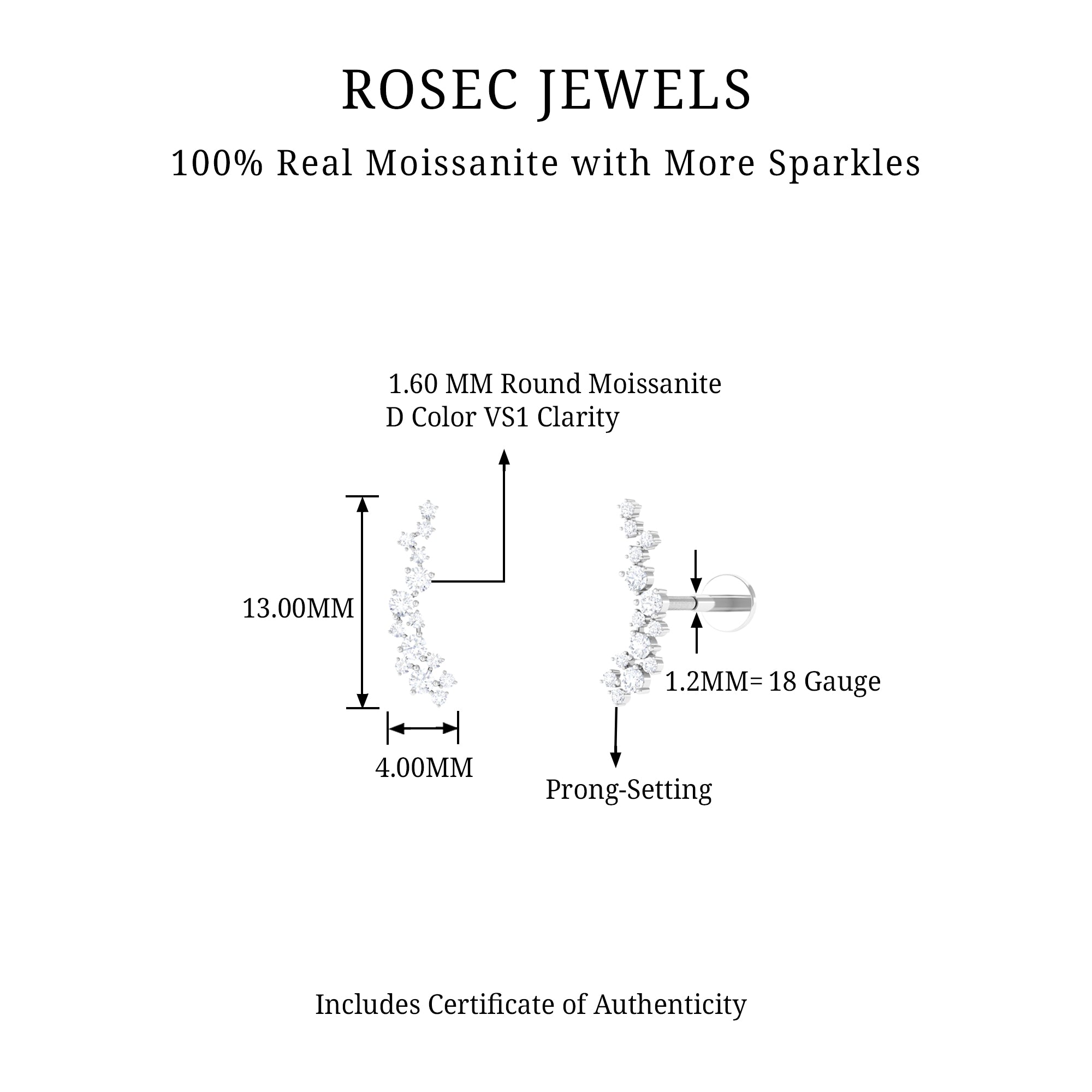 Rosec Jewels-Certified Moissanite Cluster Crawler Earring in Gold