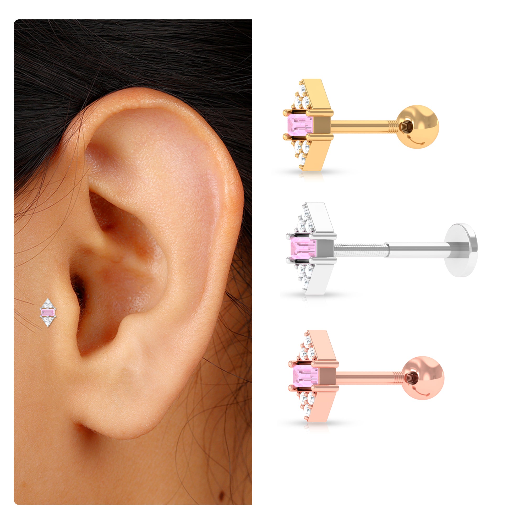 Rosec Jewels-Baguette Pink Sapphire and Moissanite Tragus Earring