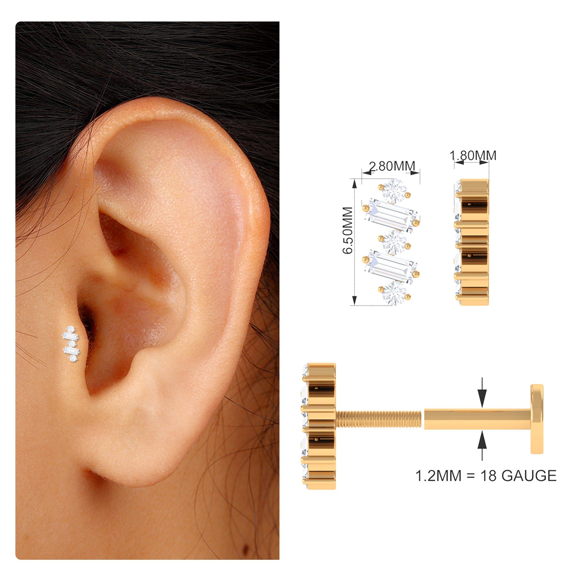 Rosec Jewels-Round Baguette Moissanite Tragus Earring in Gold