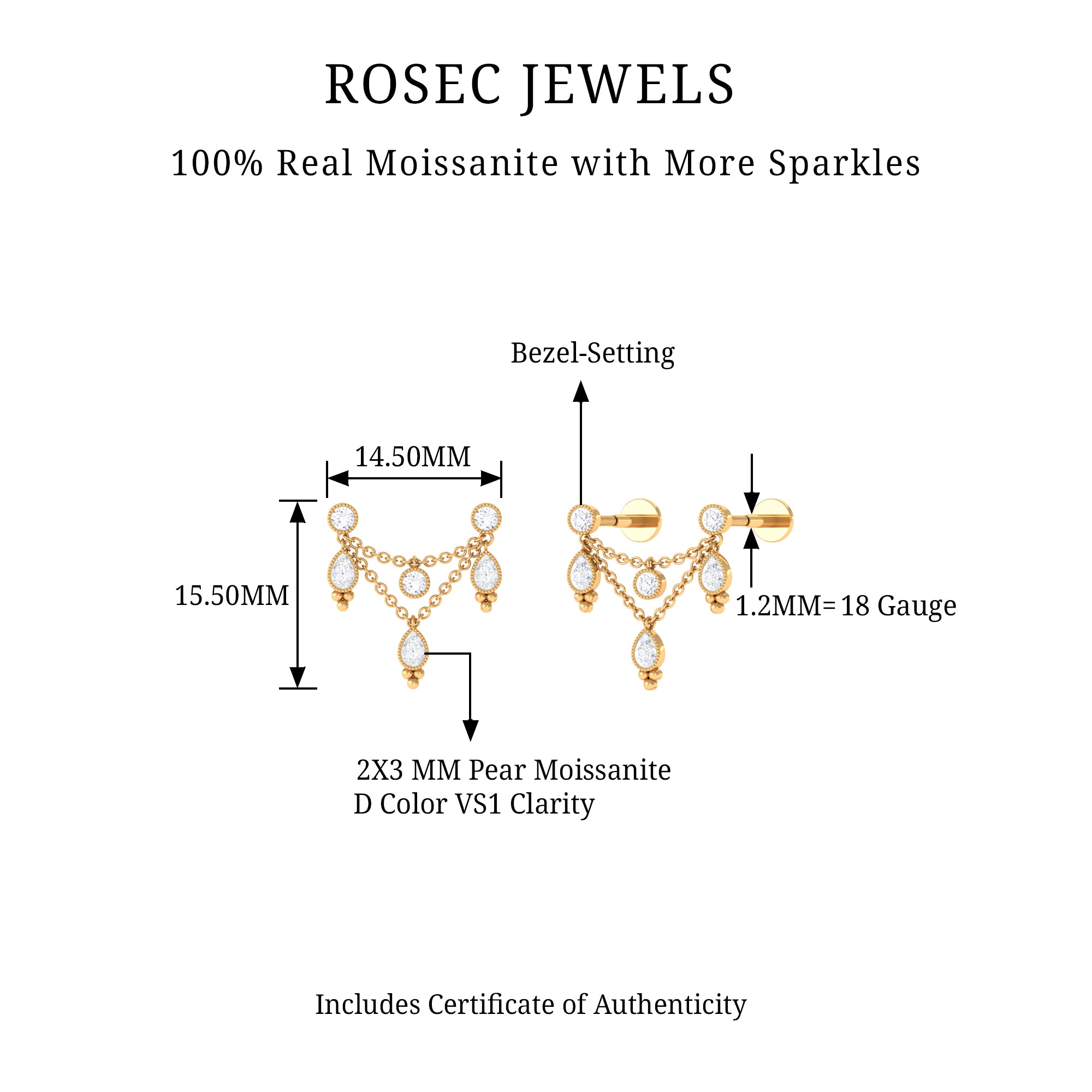 Rosec Jewels-Beaded Bezel Set Moissanite Double Chain Drop Earring