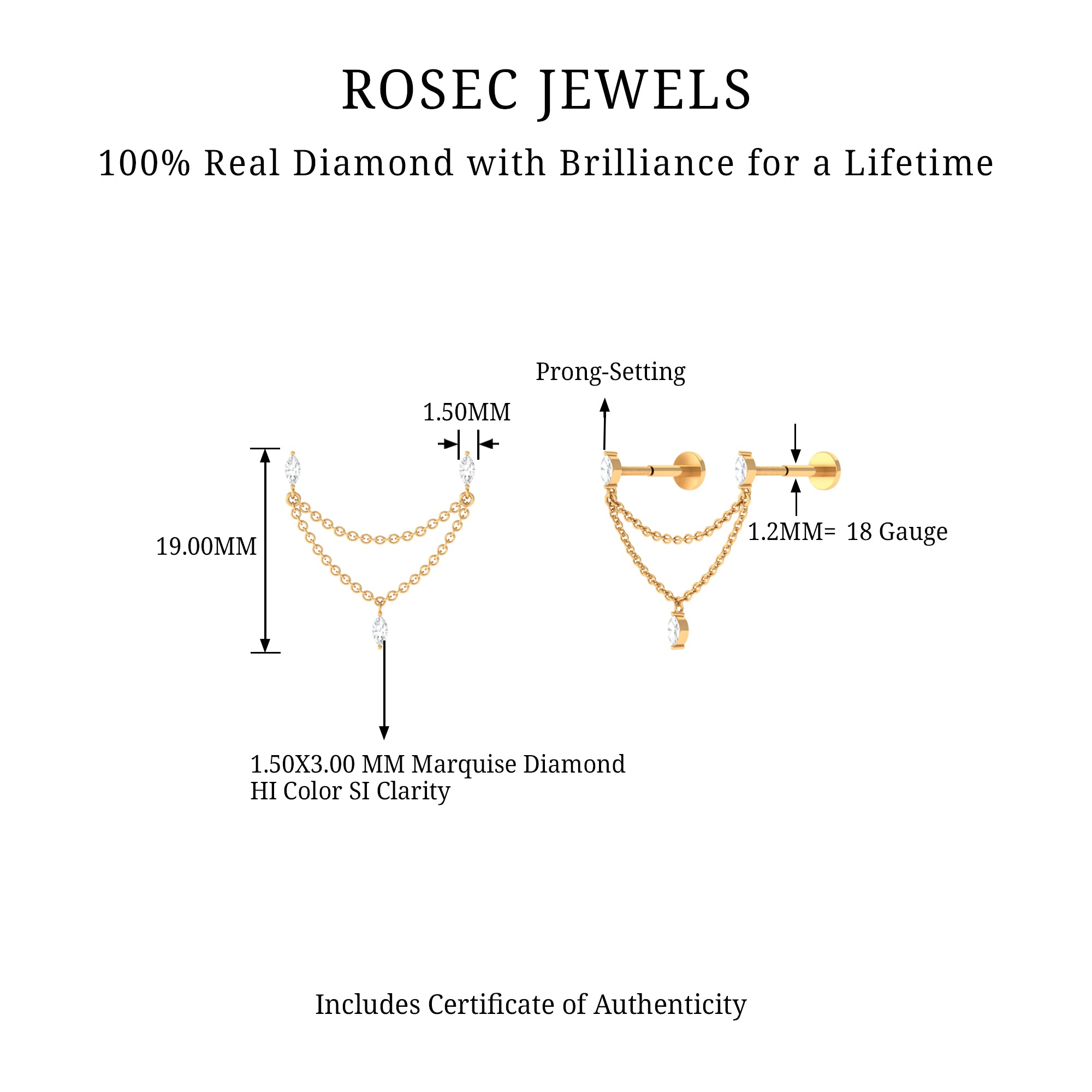 Rosec Jewels-Marquise Diamond Double Piercing Earring with Dangling Chain