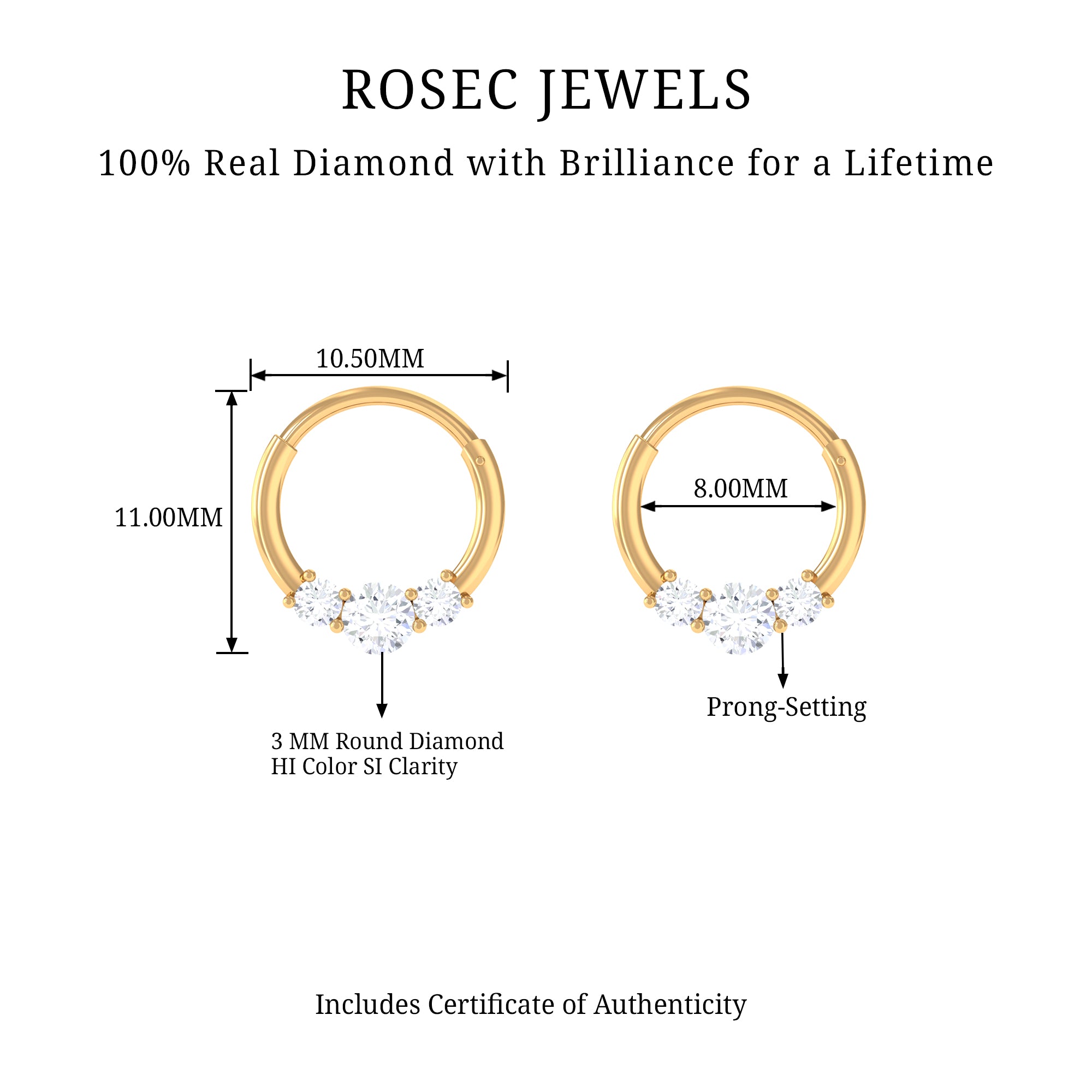 Rosec Jewels-Three Diamond Clicker Hoop Earring for Daith Piercing