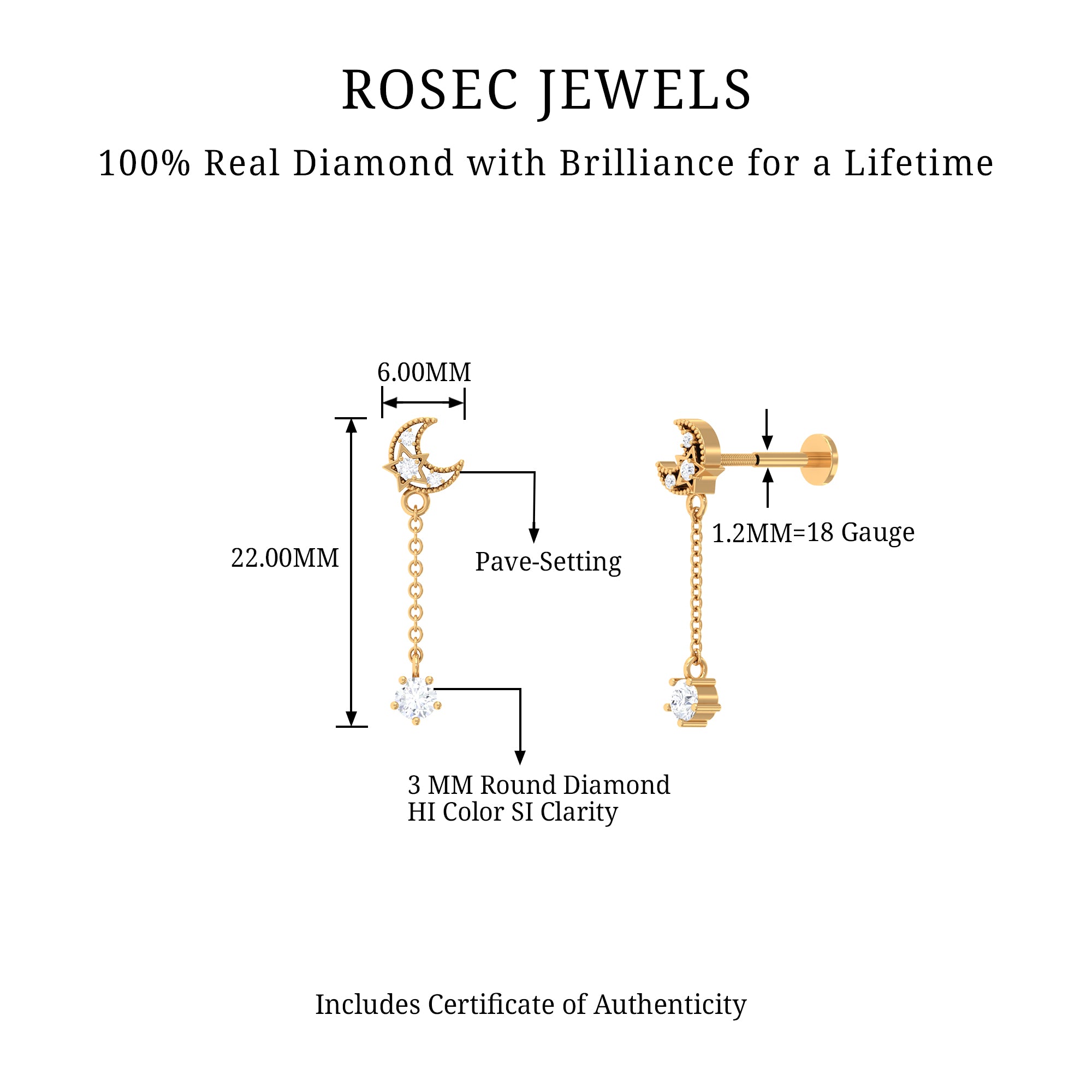 Rosec Jewels-Real Diamond Celestial Moon Chain Drop Earring