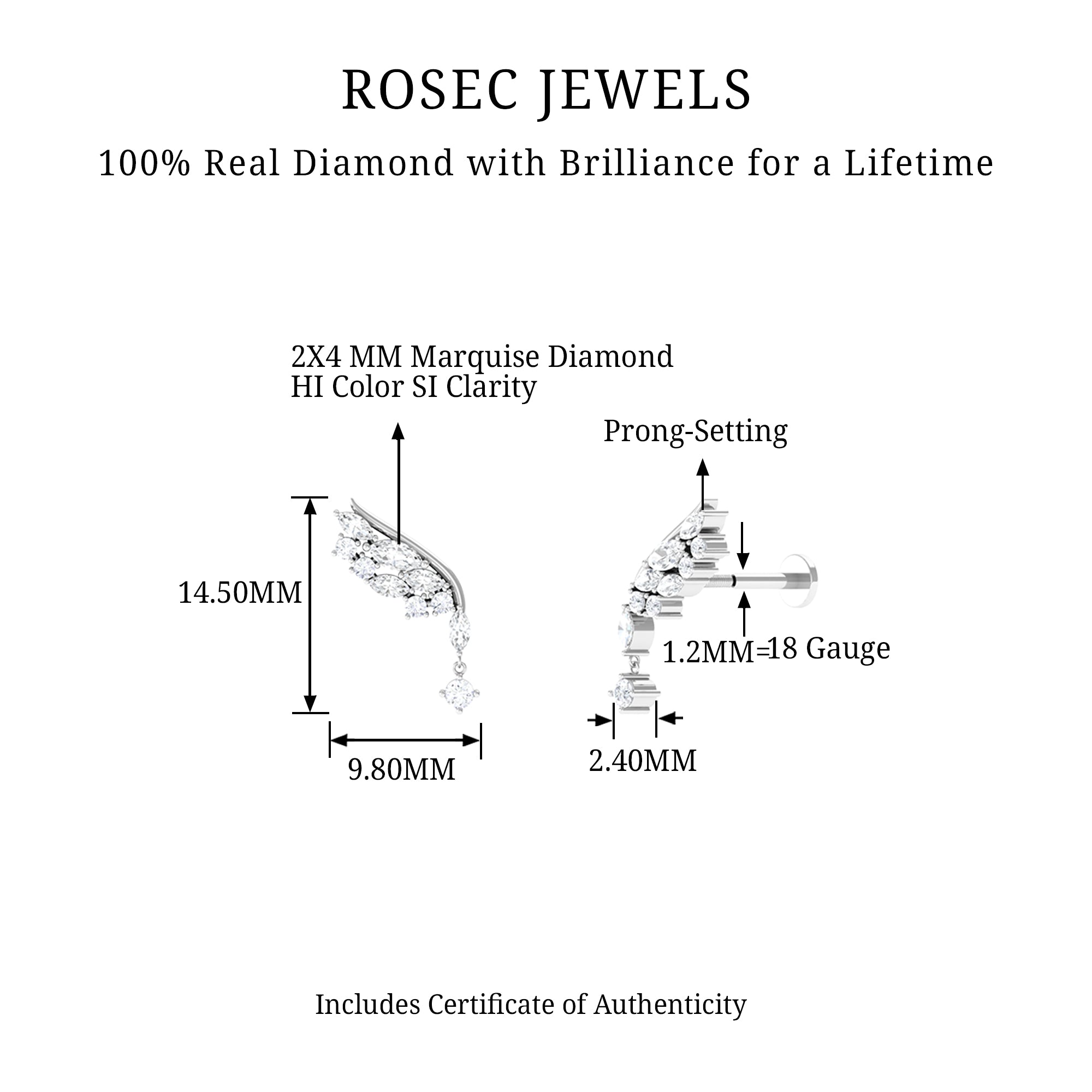 Rosec Jewels-Natural Diamond Wing Helix Drop Earring with Flat Back