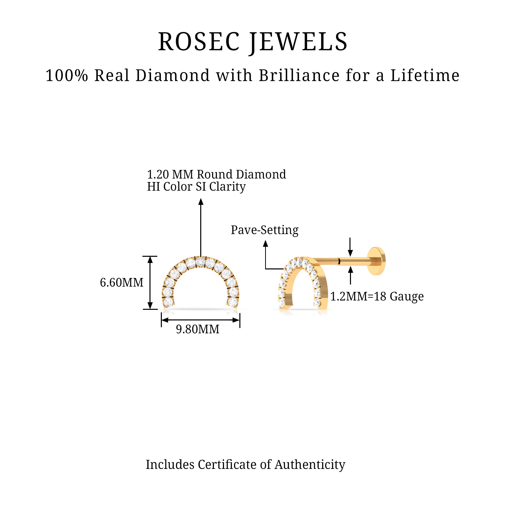 Rosec Jewels-Real Diamond Half Circle Earring for Cartilage Piercing