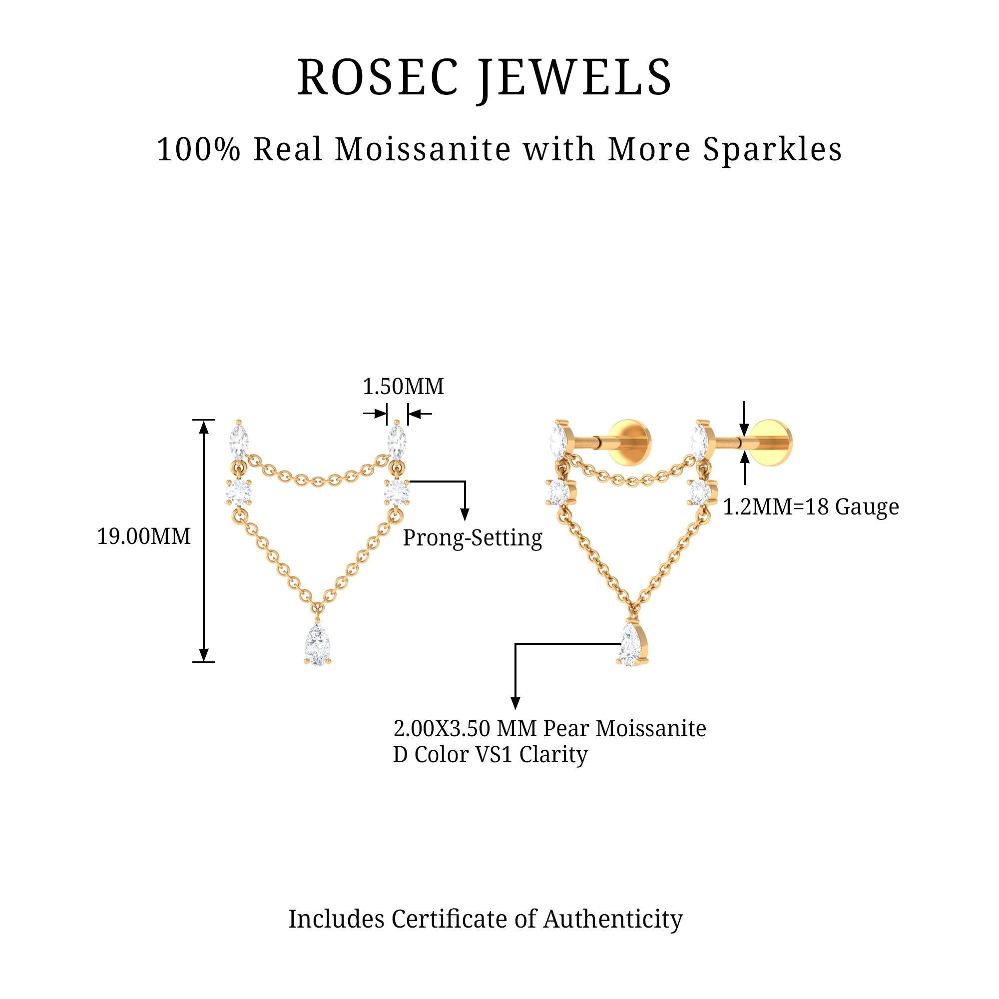 Rosec Jewels-Certified Moissanite Double Piercing Earring with Chain