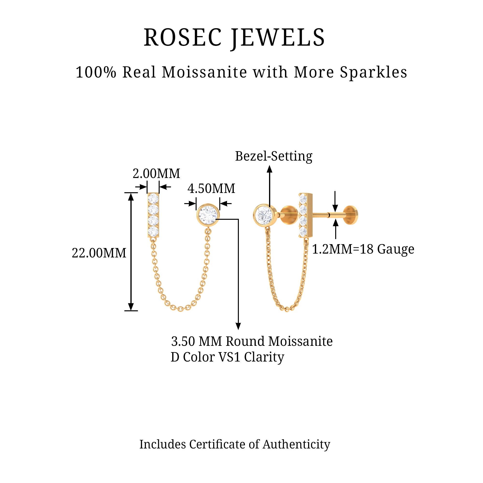 Rosec Jewels-Round Moissanite Bar Chain Earring for Double Piercing