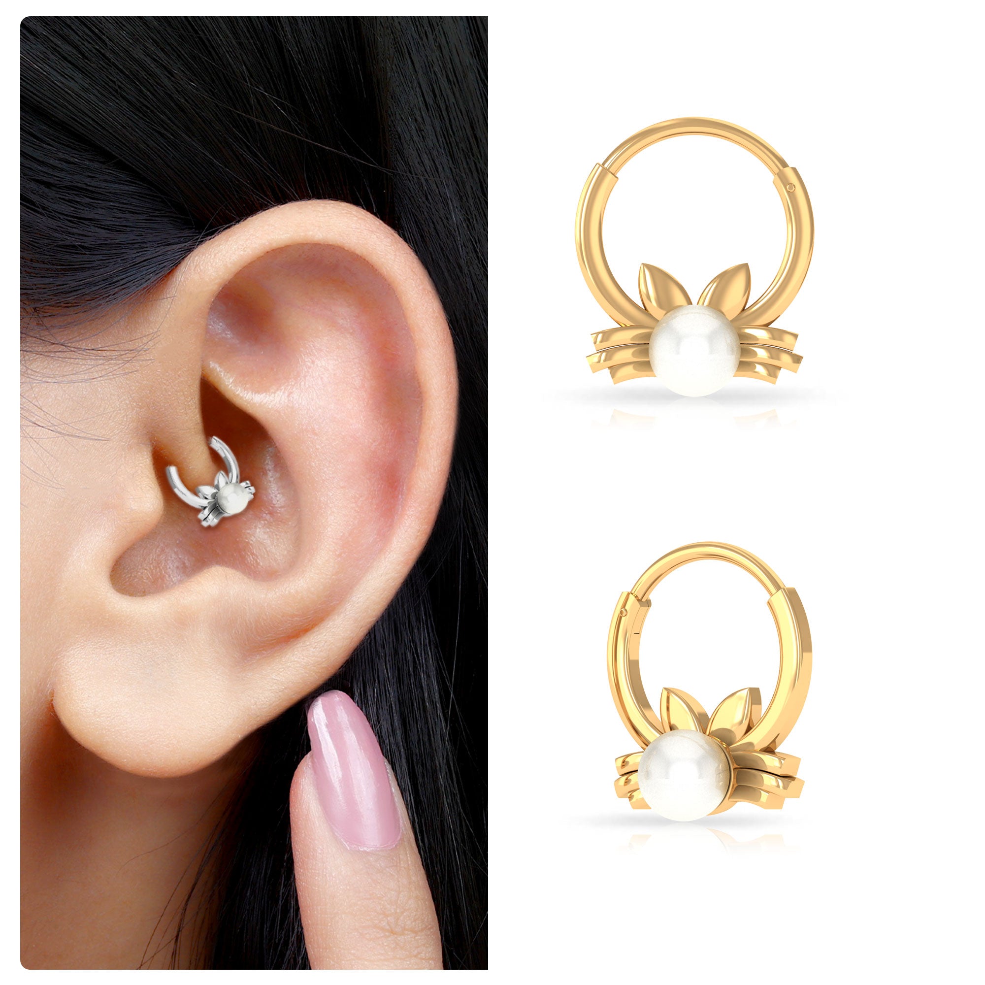 Rosec Jewels-Real Freshwater Pearl Cat Daith Hoop Earring in Gold