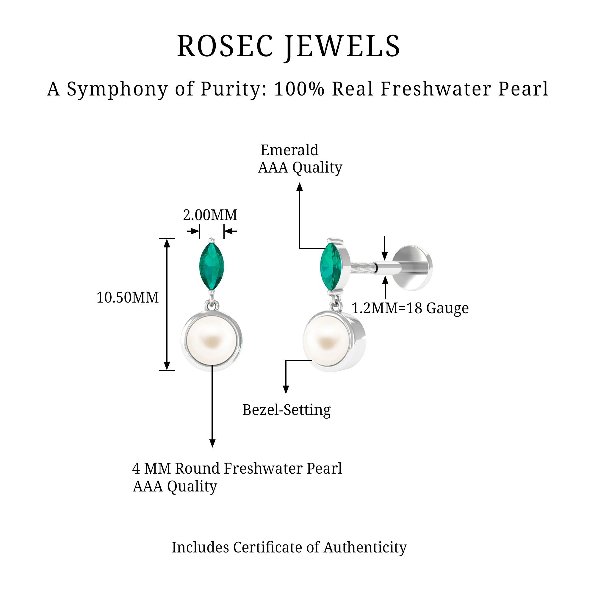 Rosec Jewels-3/4 CT Freshwater Pearl and Emerald Drop Earring for Helix Piercing