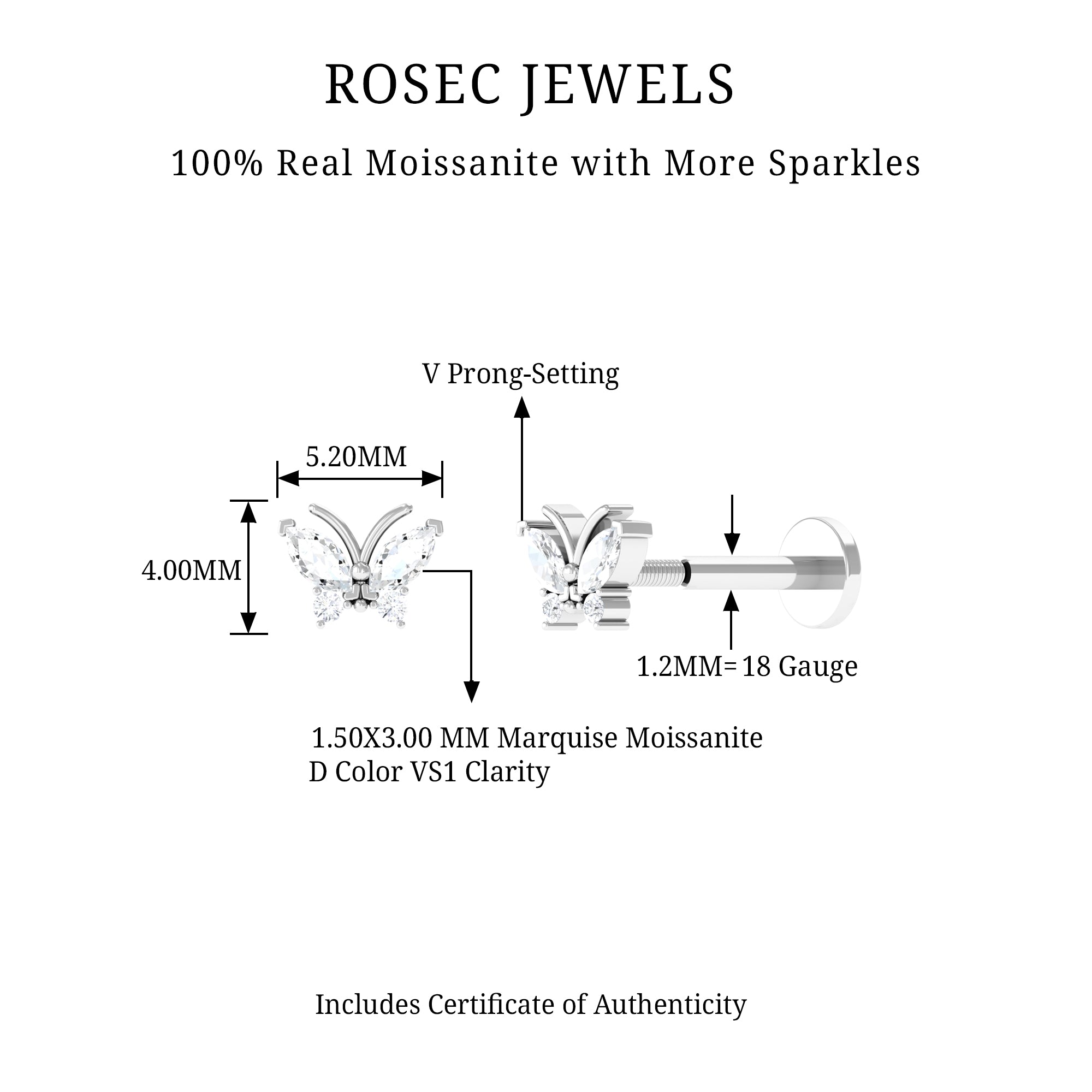 Rosec Jewels-Marquise Moissanite Butterfly Cartilage Earring