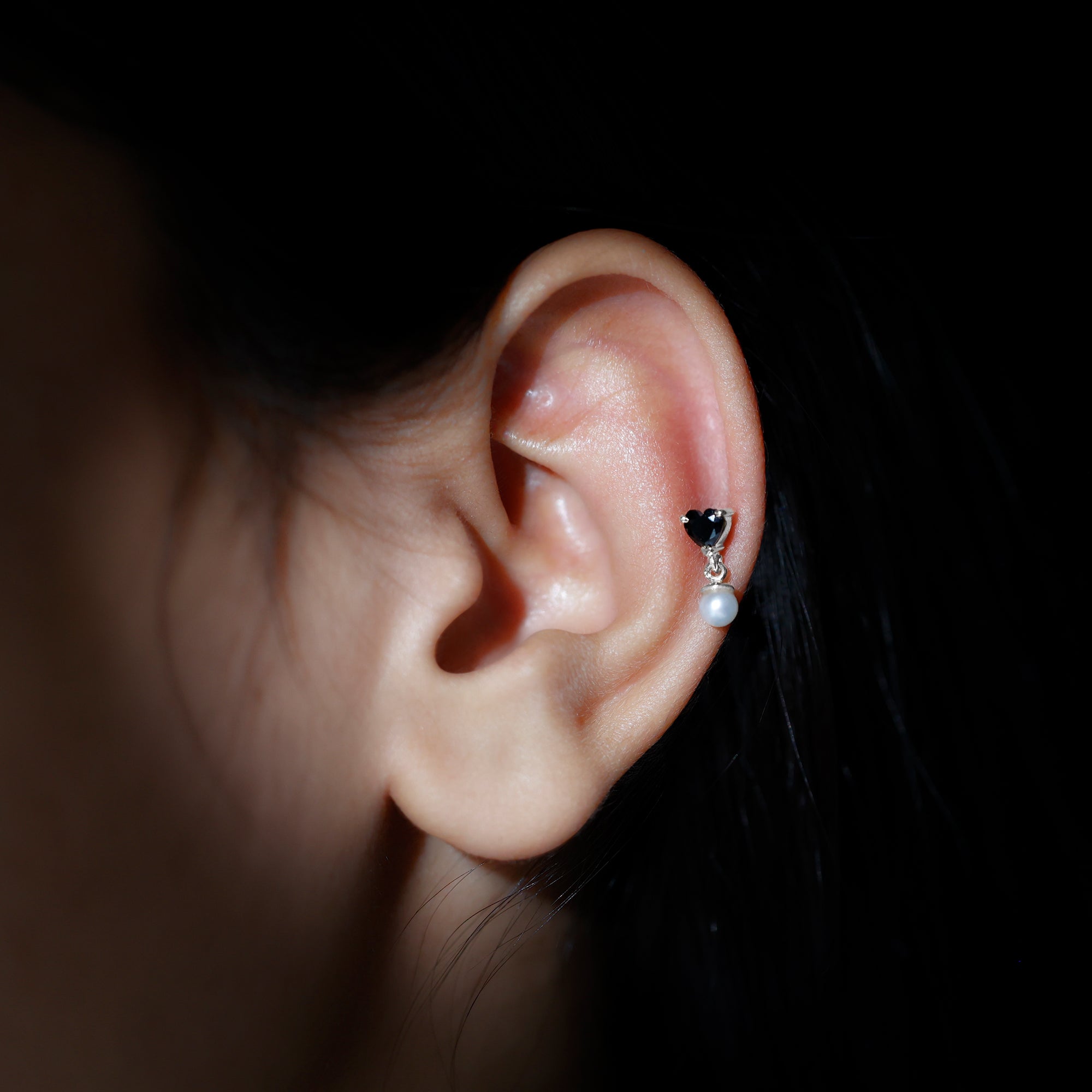 Rosec Jewels-Heart Shape Black Onyx and Freshwater Pearl Helix Drop Earring