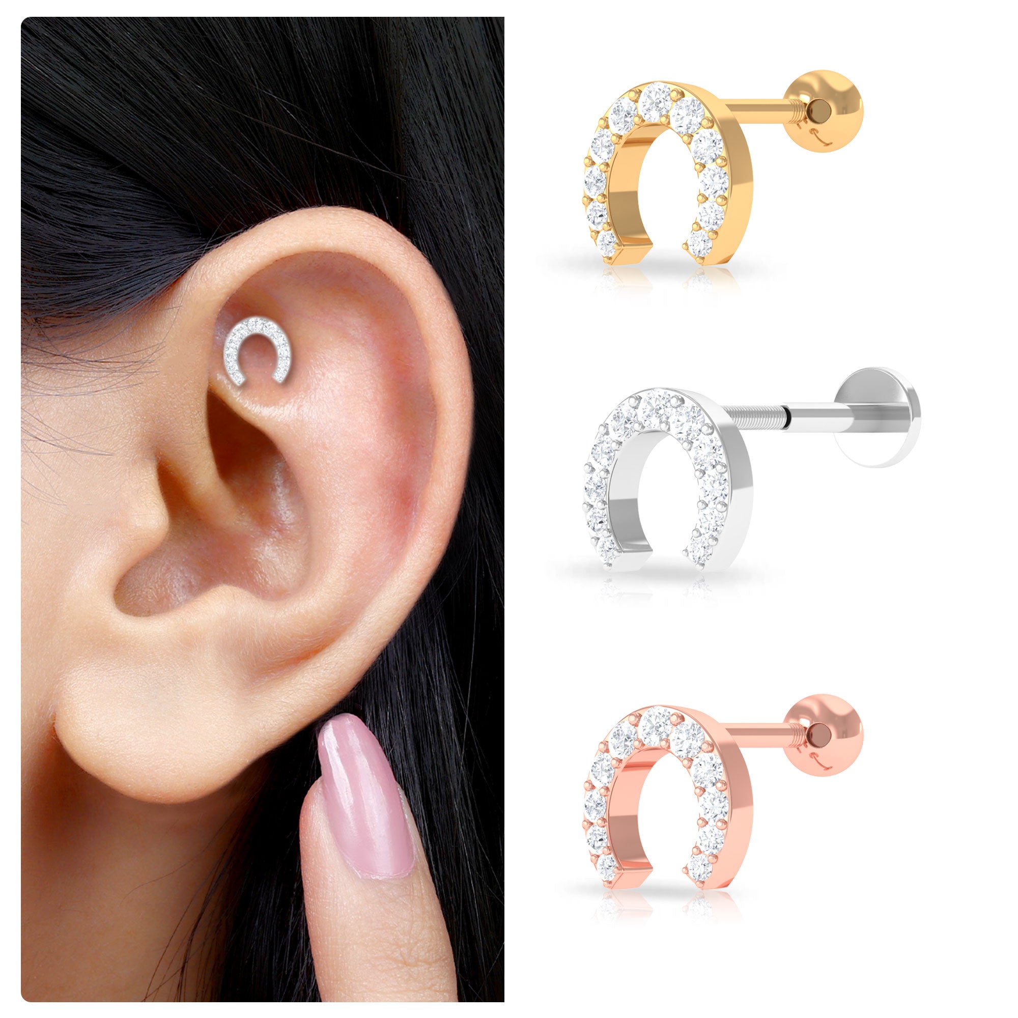 Rosec Jewels-Moissanite Horse Shoe Cartilage Earring in Gold